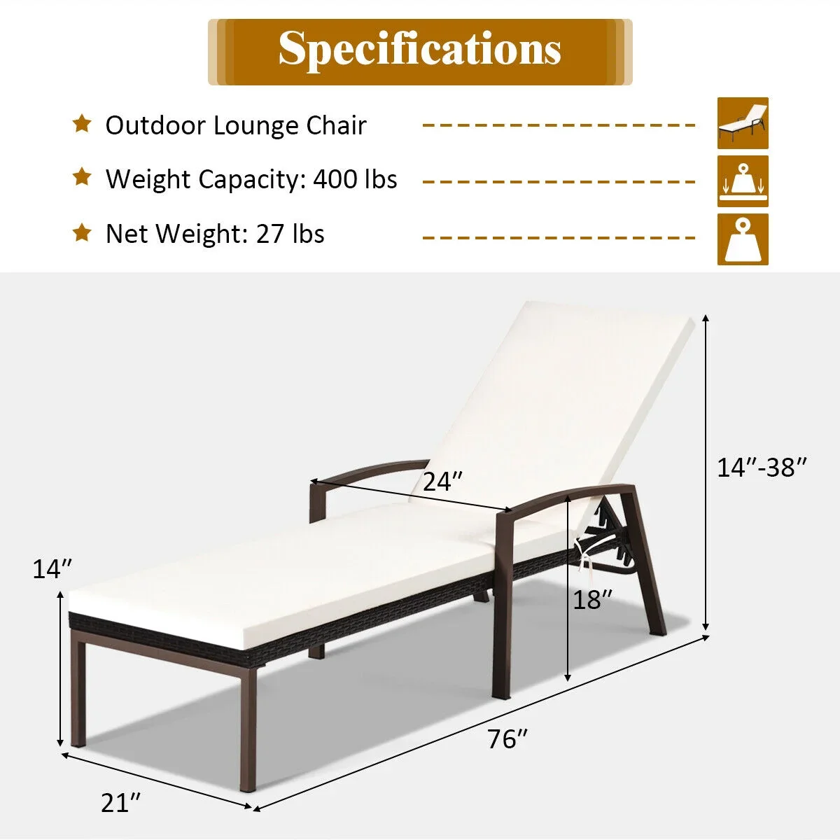 Costway 2PCS Patio Rattan Lounge Chair Chaise Recliner Back Adjustable Cushioned Garden Brown
