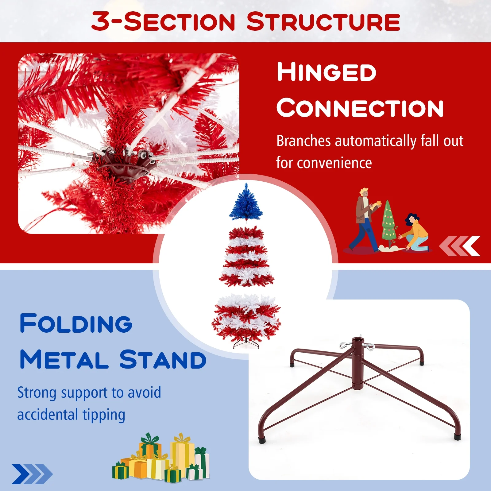 7.5 FT Patriotic Pre-Lit Artificial Christmas Tree with 1341 Branch Tips 480 Lights - Image 6