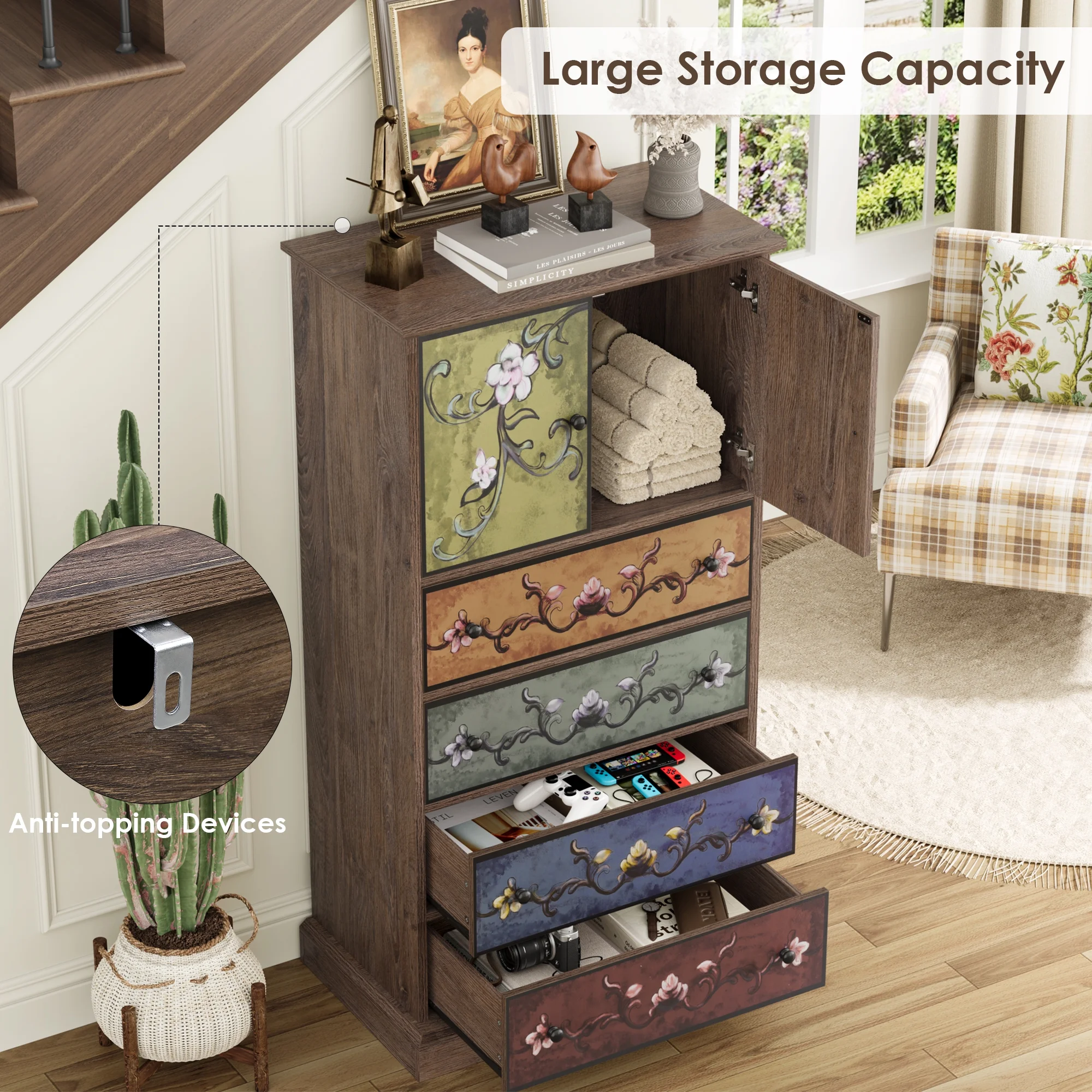 50�� Tall Dresser with 4 Drawers, Boho Vintage Dresser with 2 Doors, Wood Drawers Chest for Bedroom Living Room Entryway - Image 5