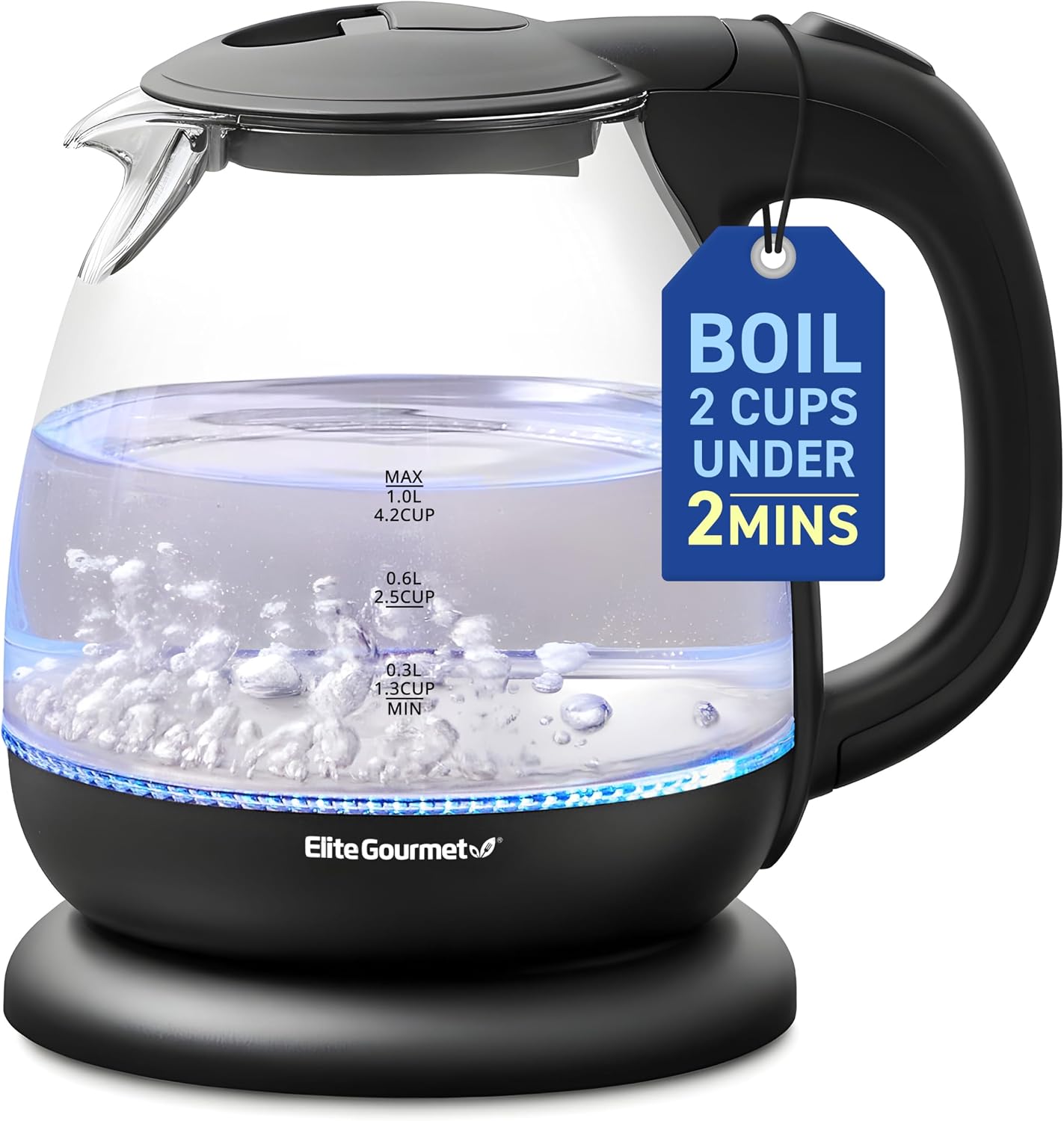 Elite Gourmet EKT1001 1.0L Glass Kettle, 1100W, Cordless Base, Black| BPA-Free Glass, Blue LED Interior, 360° Base, Auto Shut-Off Function, Quickly Boils Water for Tea & More