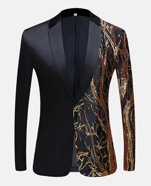 Blazer glamour à un bouton, orné de broderies unies, d'imprimés de branches dorées et de sequins.