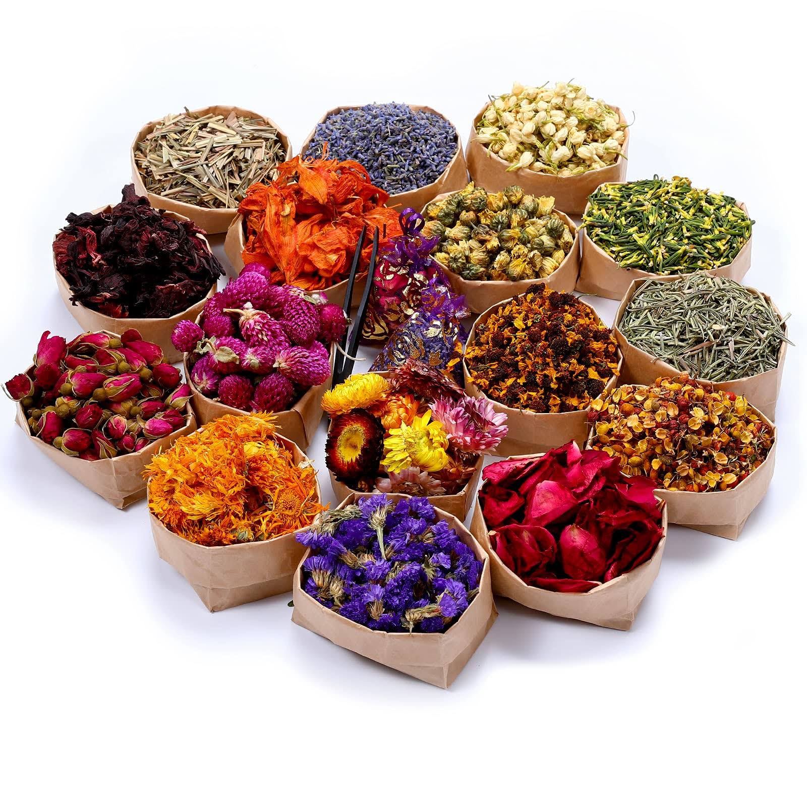 SACATR 16 Bags Dried Flowers,100% Natural Dried Flowers Herbs Kit for Soap Making, DIY Candle Making,Bath - Include Rose Petals,Lavender,Don't Forget