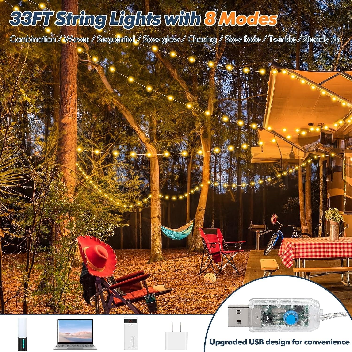 4-in-1 Multifunction Camping Light, 4000mAh Power Bank for Charging, IPX6 Waterproof LED Flashlight, 33ft 100 LED USB Powered String Fairy Lights for Outdoor Tent, Bedroom, Party, Hiking,Wedding
