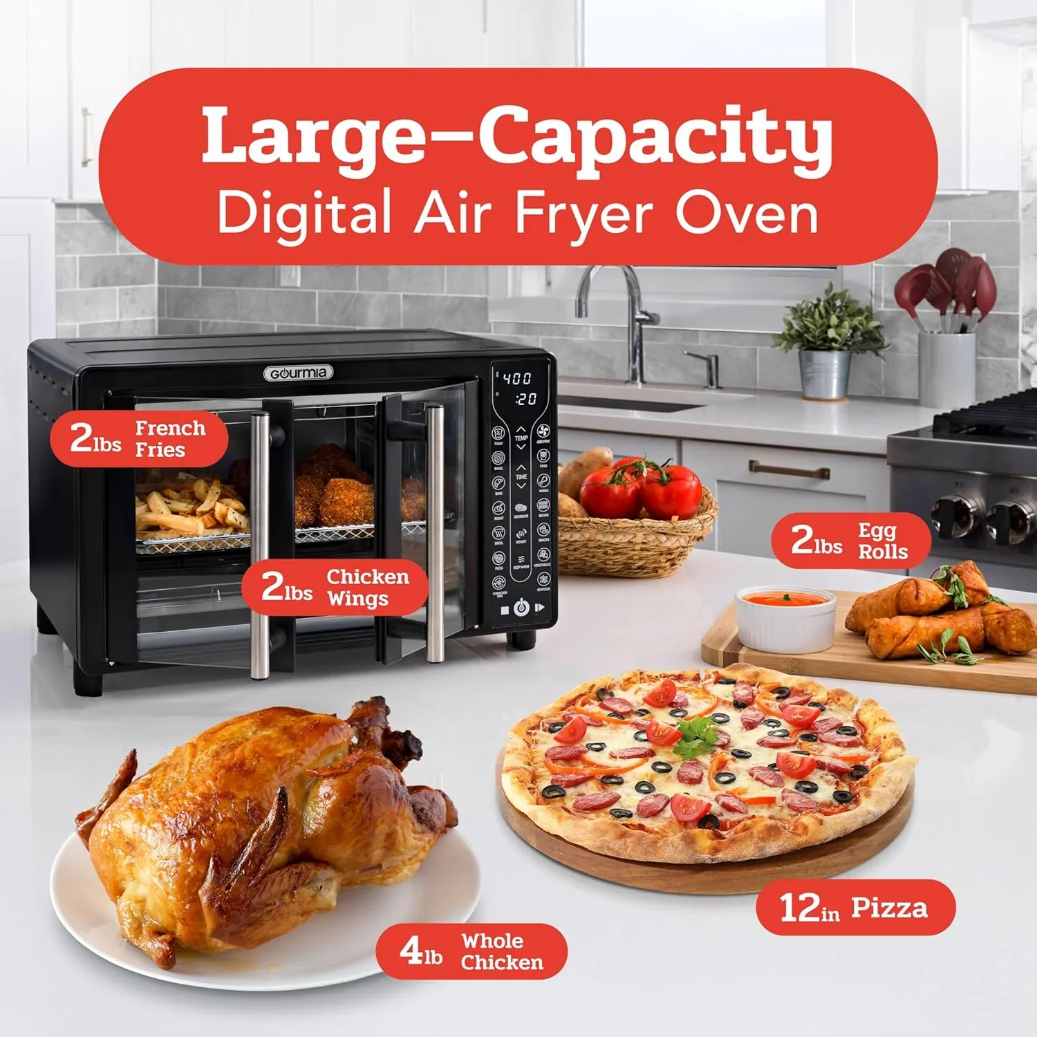 Four Gourmia avec friteuse à air chaud, 17 programmes de cuisson prédéfinis, capacité de 24 L et grille à convection.