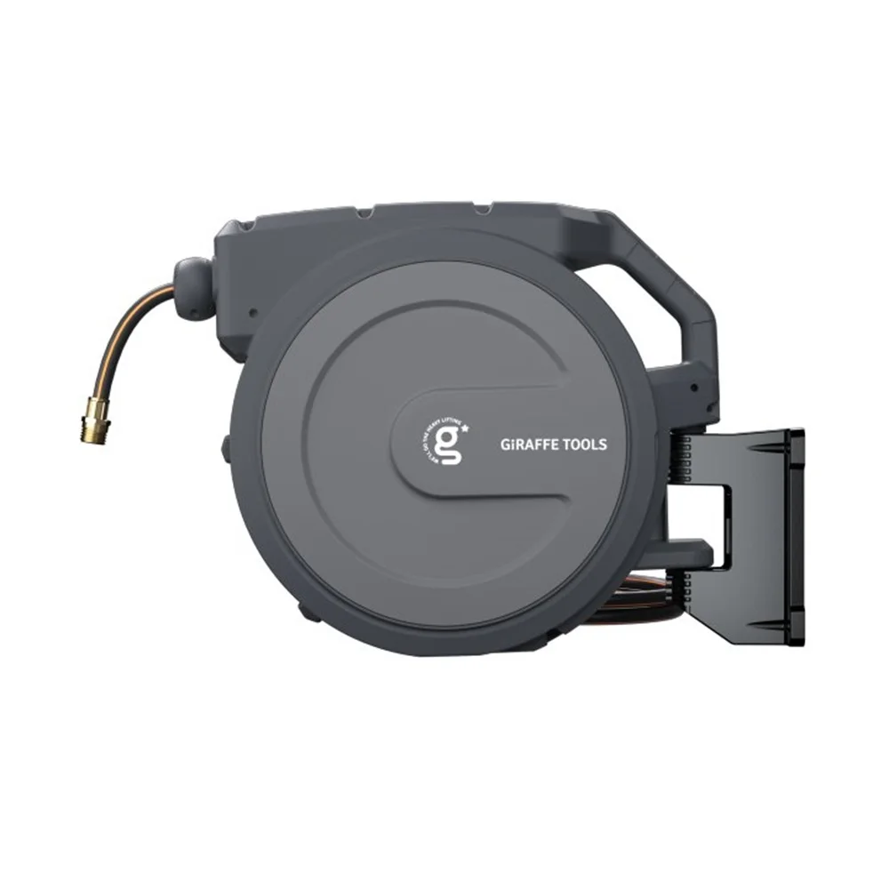 Giraffe Tools Retractable Garden Hose Reel with 1/2in-100ft Water Hose, Plastic Bracket, Wall Mounted, Dark Grey