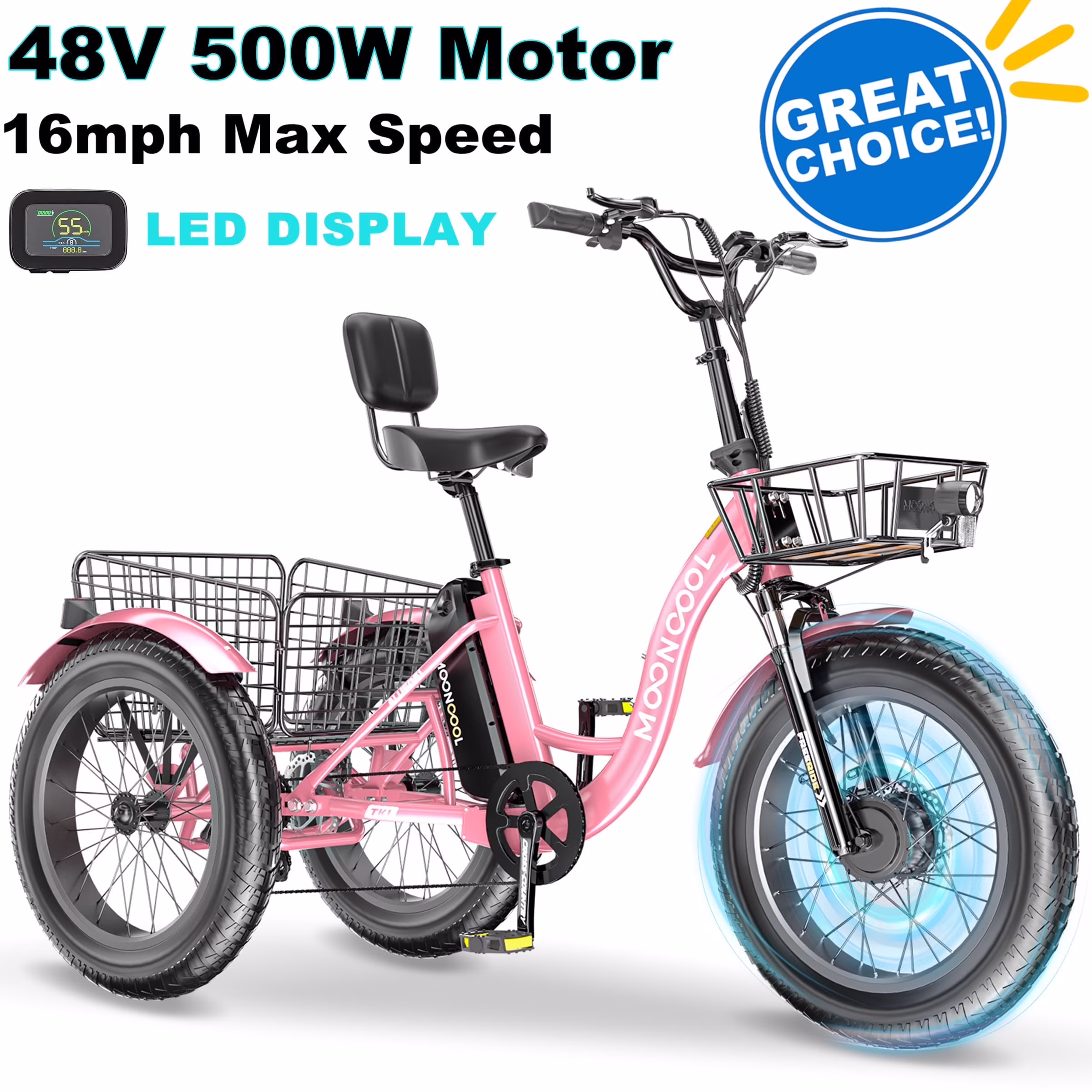 20" x 4" Fat Tire Electric Tricycle for Adult, 7 Speeds Electric Trike 48V 500W Motorized Tricycle, Electric Three Wheels Bicycle for Senior, Aluminum Frame Rear Basket,16mph(Blue) Image 9