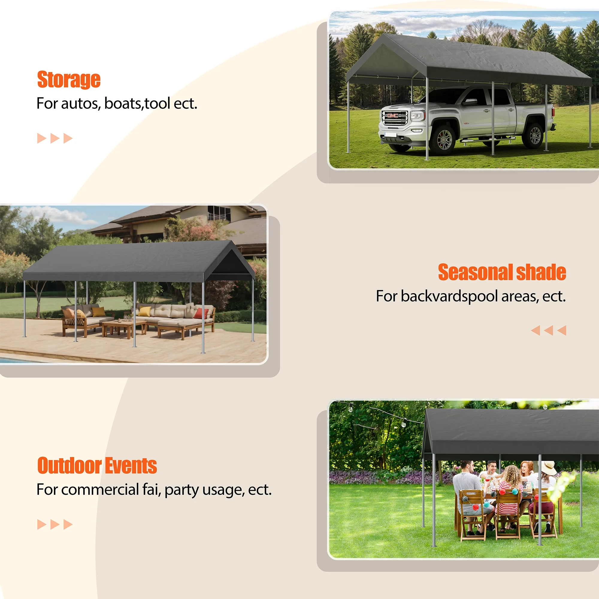 Carport 10 x 20 ft Heavy Duty Carport Car Canopy with Powder-Coated Steel Frame, Portable Garage for Car, Boat, Shelter Party Tent with 180g PE Tarp Gray(Gray) - Image 8