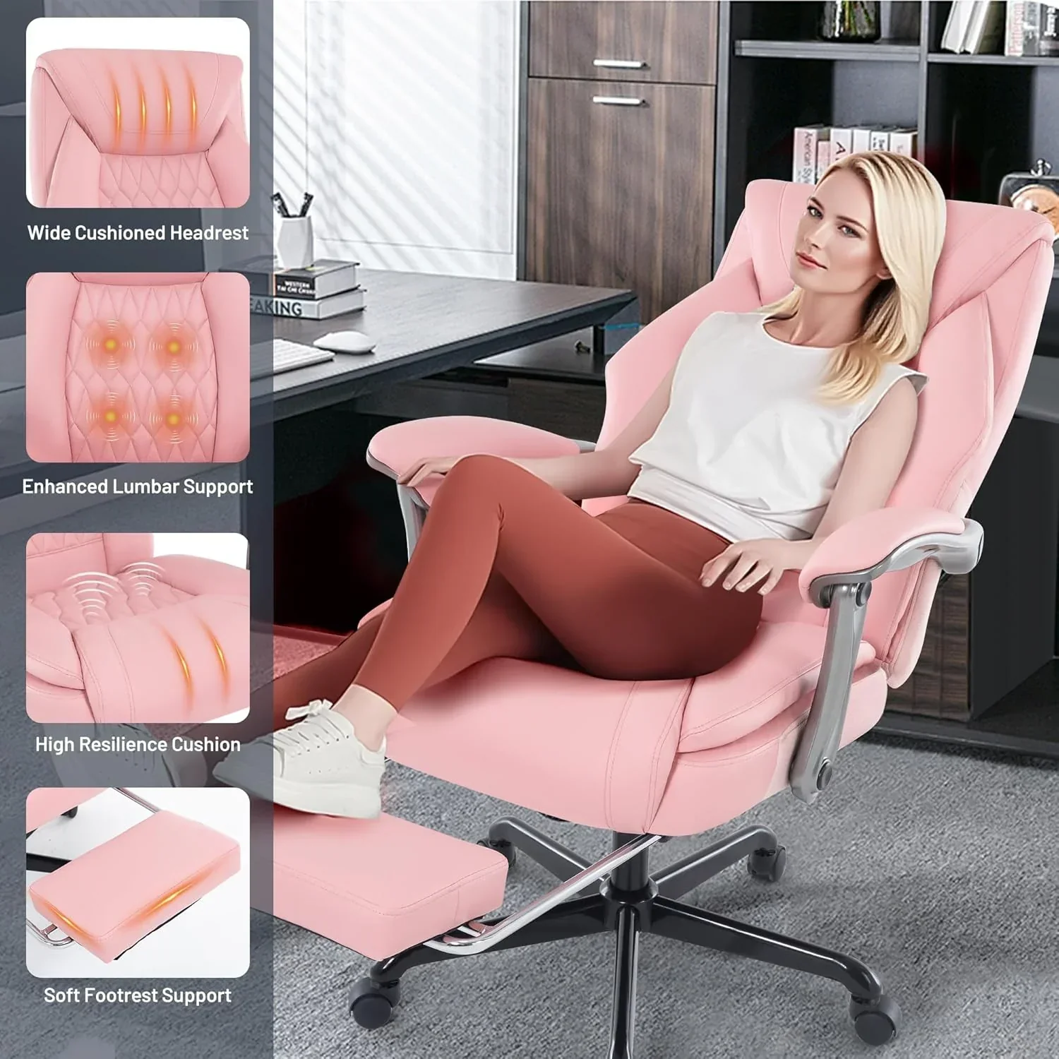 Fauteuil de bureau massant avec chauffage et repose-pieds, fauteuil de bureau ergonomique inclinable de direction