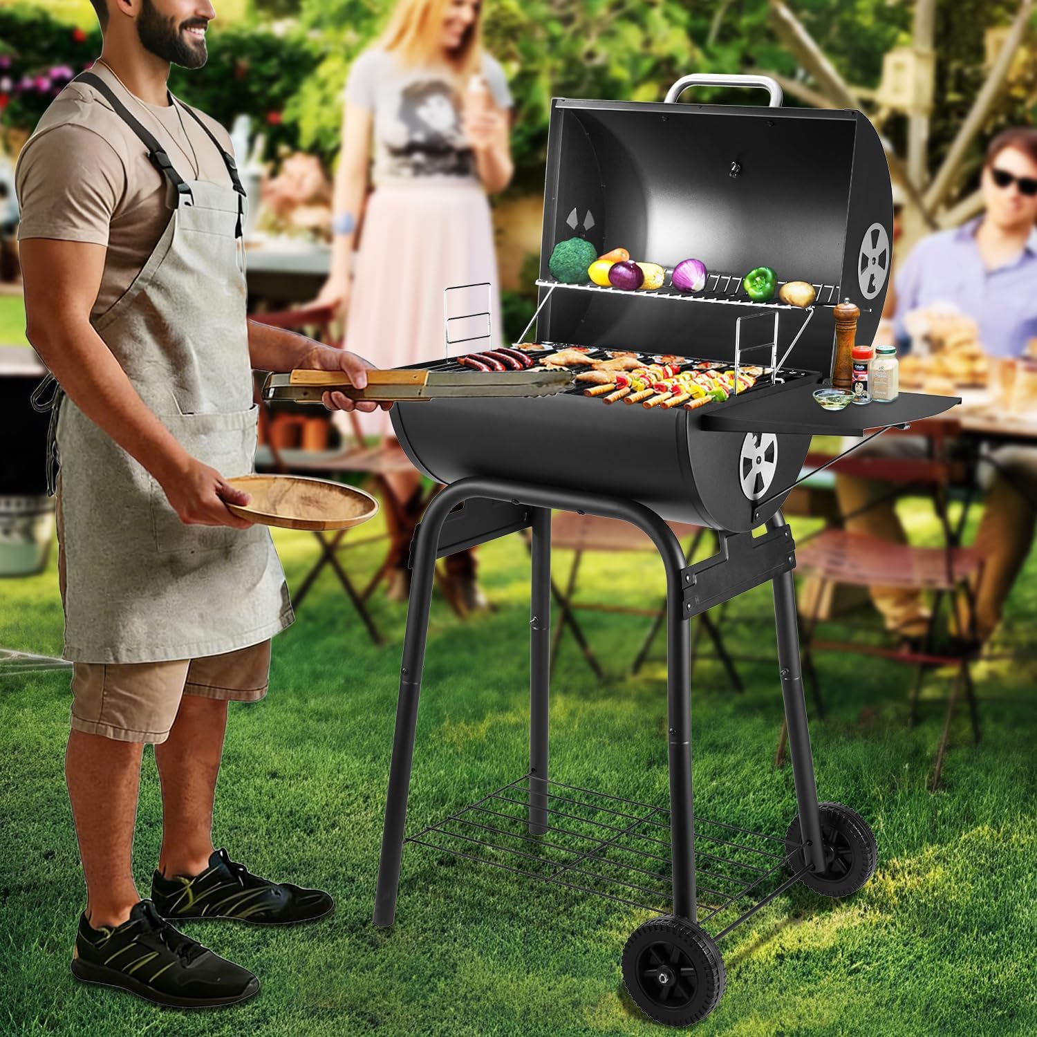 Charcoal Grill with Side Table, Barrel BBQ Grill with 500 Square Inches Cooking Area