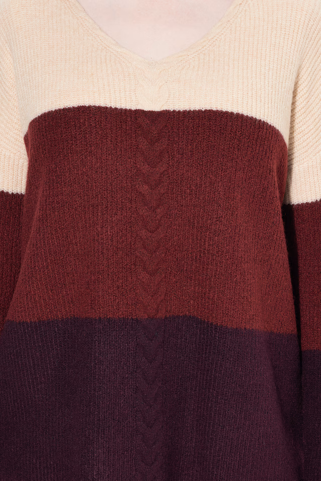 Cable Knit Block Stripe V-Neck Sweater