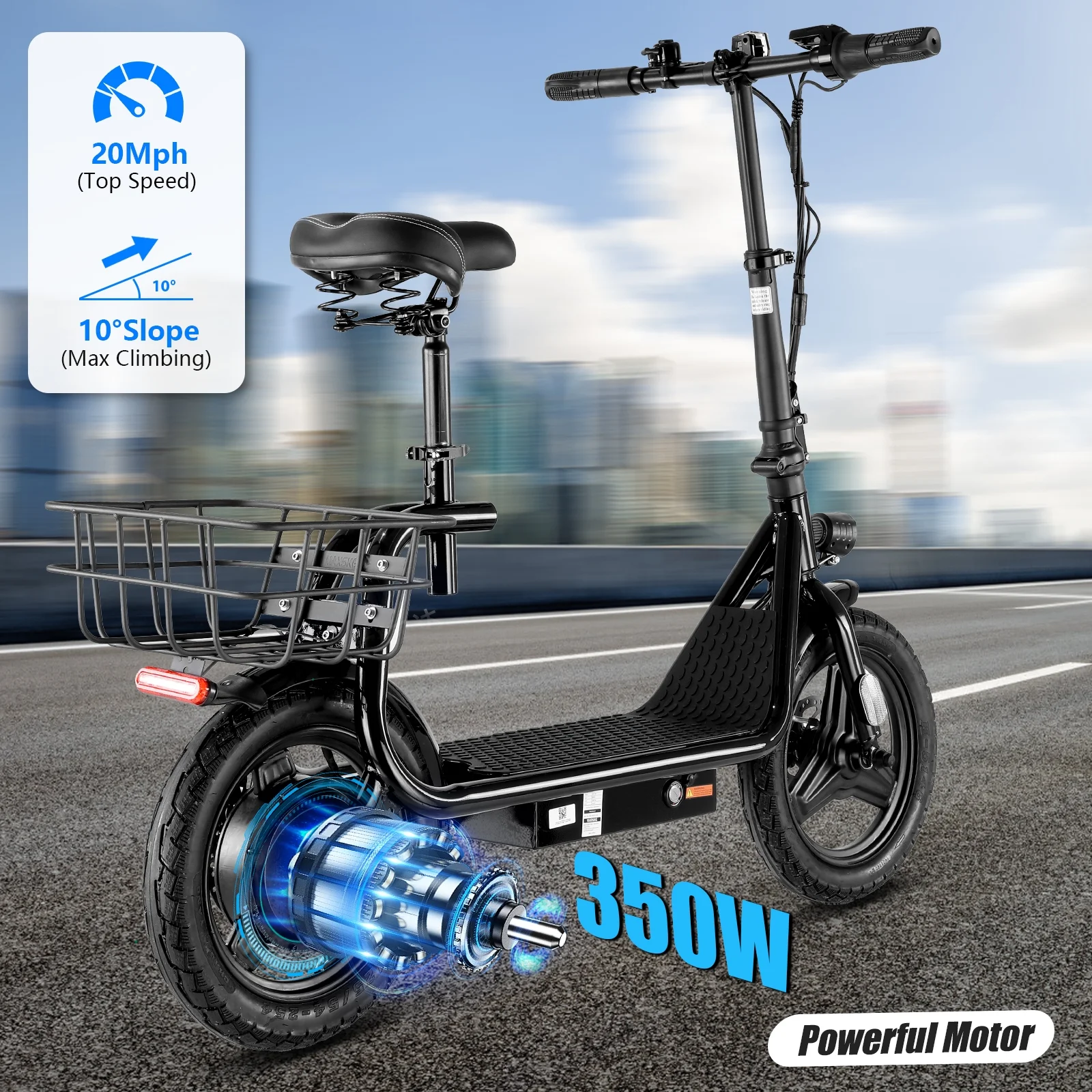 350W Electric Scooter with Seat for Adults, 15 Miles Range 20 Mph, 36V 5.2Ah Battery Moped, 14" Big Tire Commuter Electric Bike with Shock Absorbing, Black(Tape riser-350W/Black) - Image 6