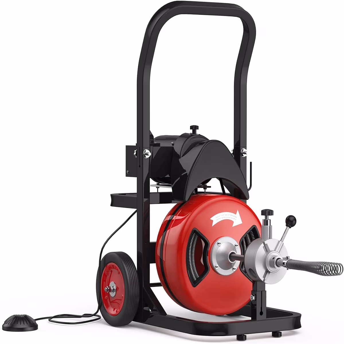 75 FTx1/2 Inch Drain Cleaning Machine, Auto Feed Sewer Snake Drill with Wheels, Pipe Spiral Cleaner with 4 Cutters and Pneumatic Foot Switch, for 2" to 4" Pipes(75Ft x 1/2) - Image 3