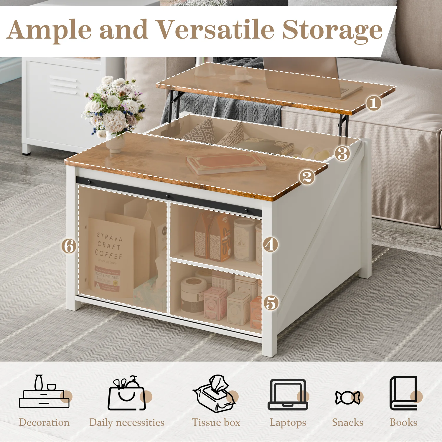 Wooden Coffee Table, Lift Top Coffee Table with Large Hidden Storage Shelf for Living Room(White) - Image 2