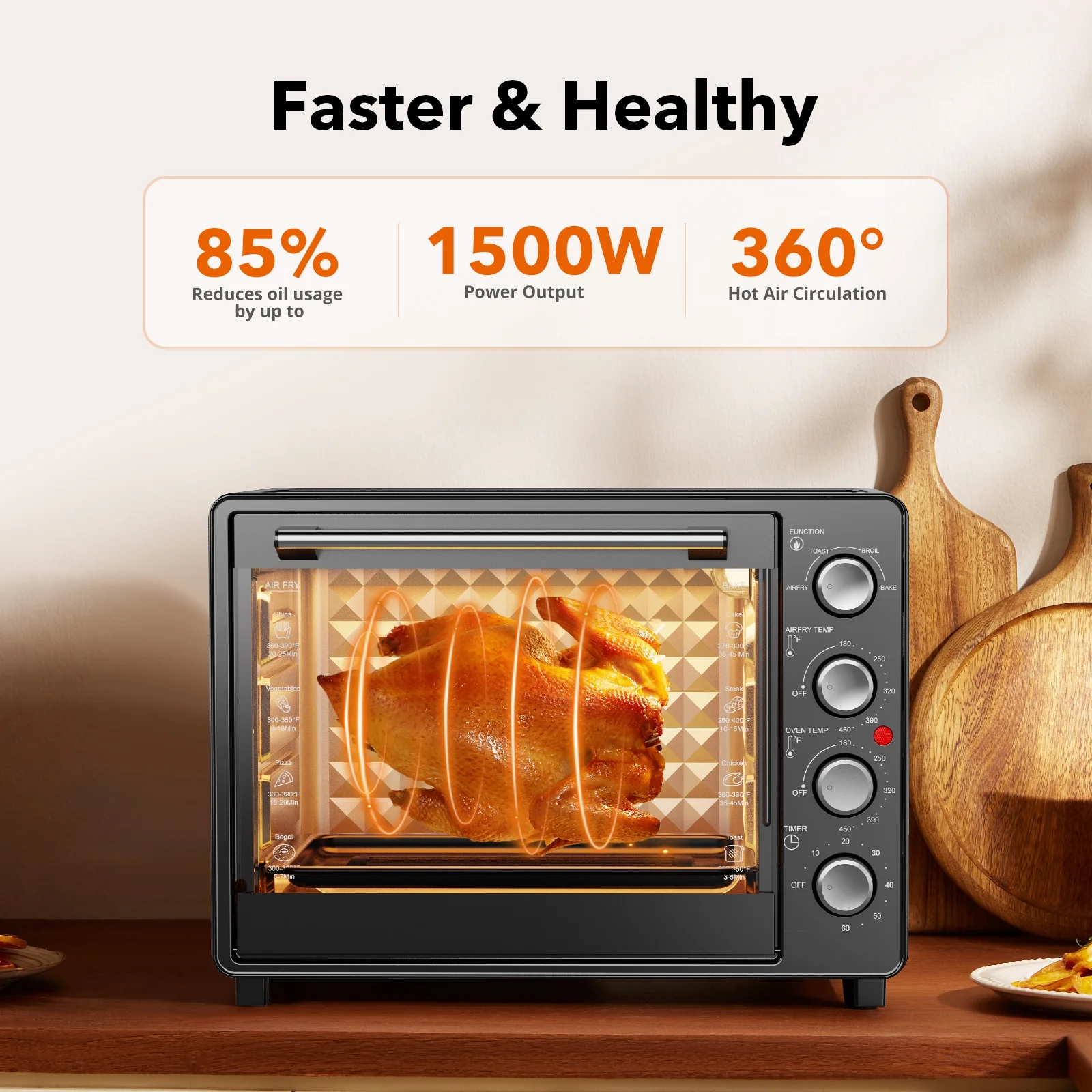 34 QT Super-Large Air Fryer, Oil-Less Air Fryer Toaster Oven Combo with Pizza, Warm, Broil, Toast, Bake, Air Fry, 5 Functions Black - Image 7
