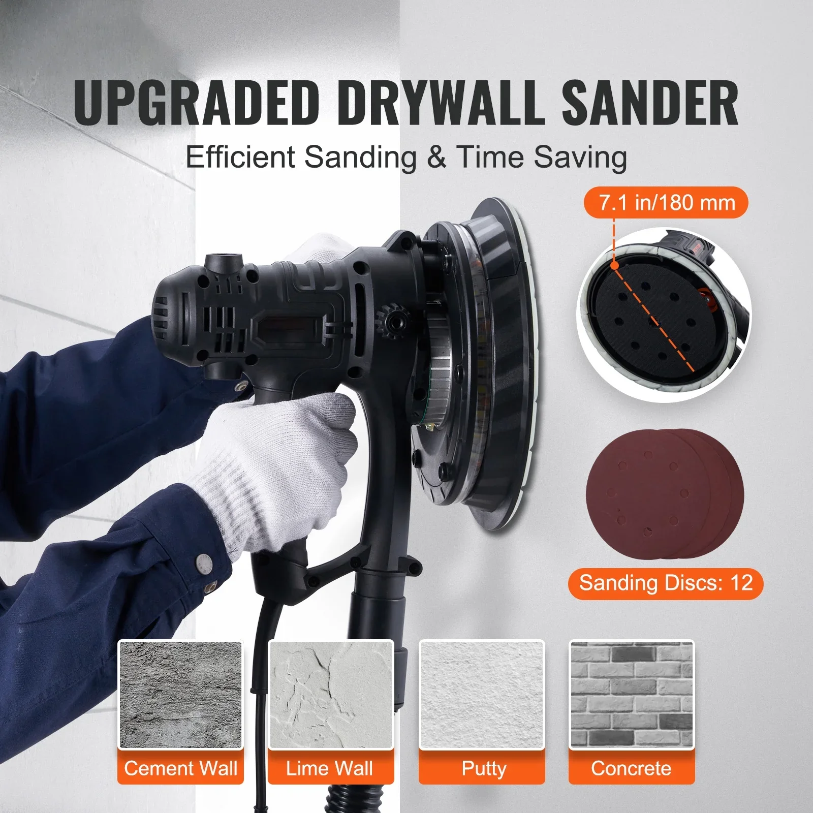 BENTISM Handheld Drywall Sander 800W, 1200-2300RPM Wall Sander with Double LED Light & Automatic Vacuum System, 12 Pcs Sanding Pads Electric Sander with Dust Bag, Detachable Edge