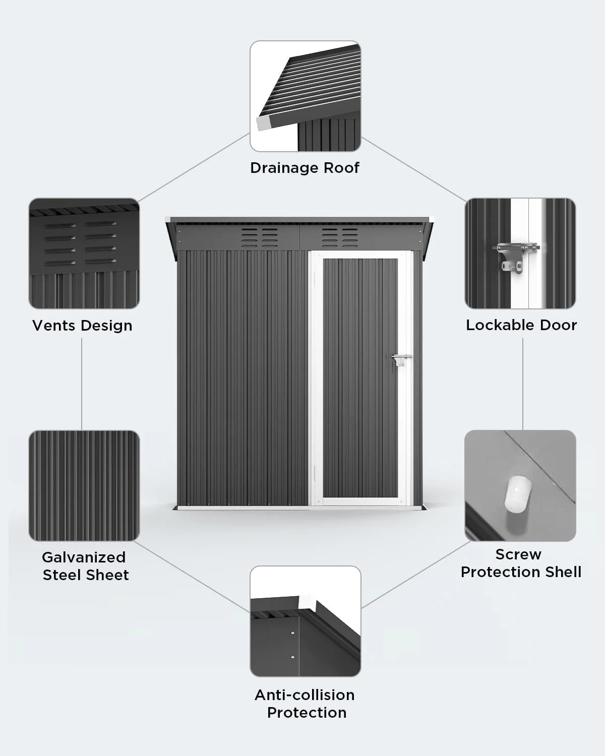 5' x 3' Outdoor Storage Shed, Metal Outdoor Storage Cabinet with Single Lockable Door, Waterproof Tool Shed,Gray(Gray) - Image 9