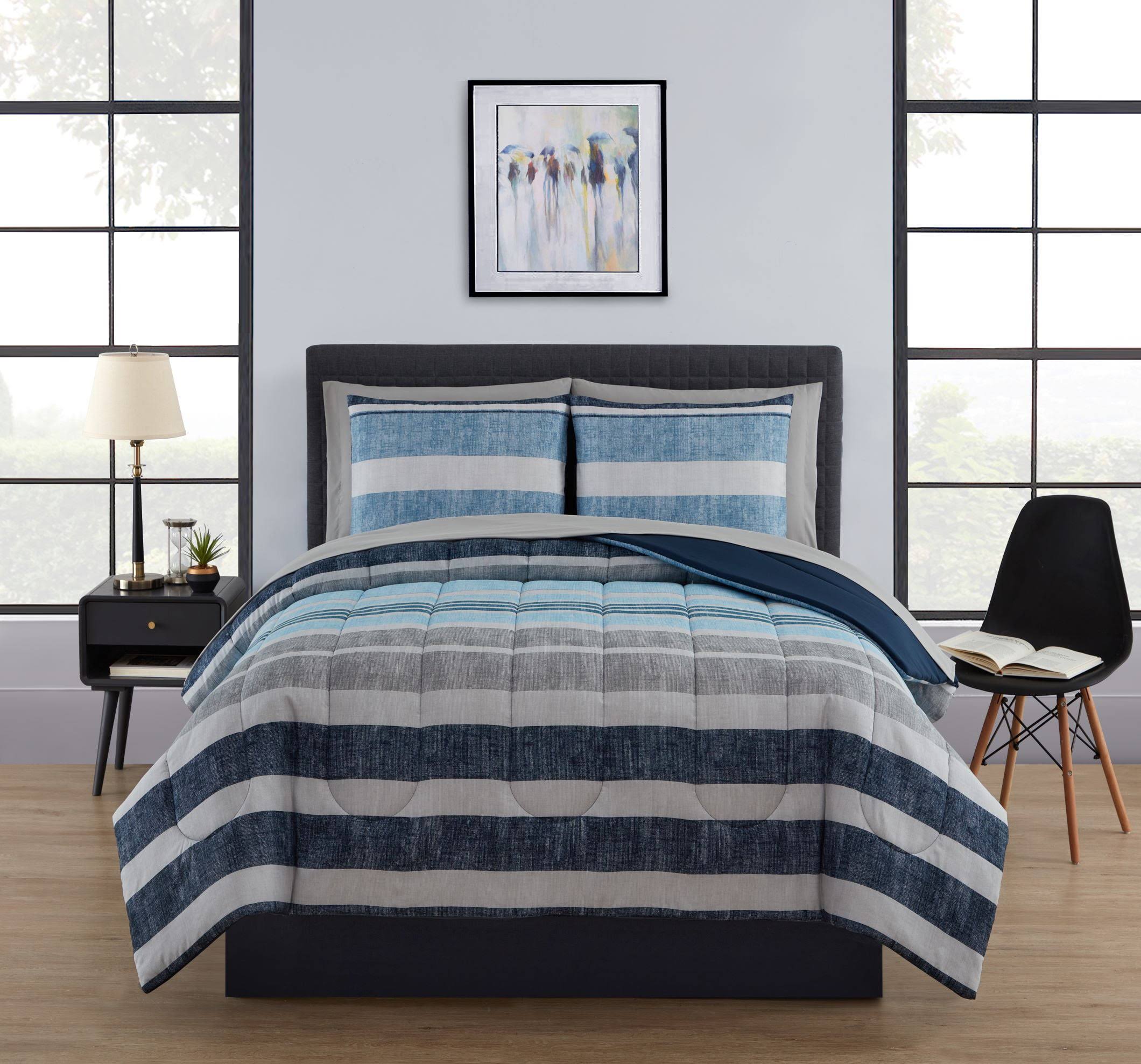Mainstays Stripe Bed in A Bag Comforter Set with Sheets - Blue - Full Each
