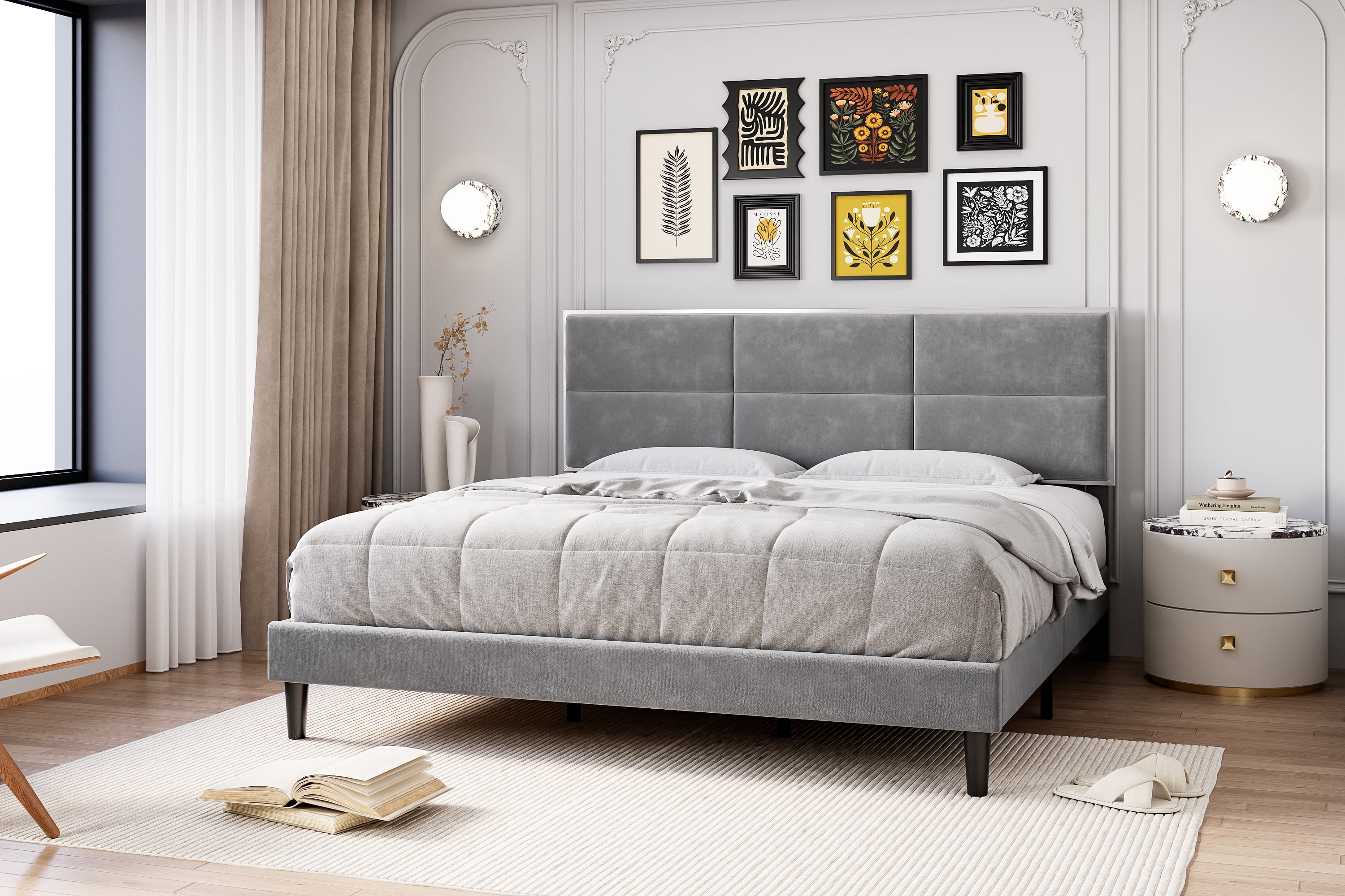 King Size Bed Frame Upholstered Platform, Bed Frame with Square Velvet Headboard, Wooden Slats Support, Non-Slip and Noise-Free, No Box Spring Needed, Easy Assembly(Light Gray)(King/Light Gray) - Image 9