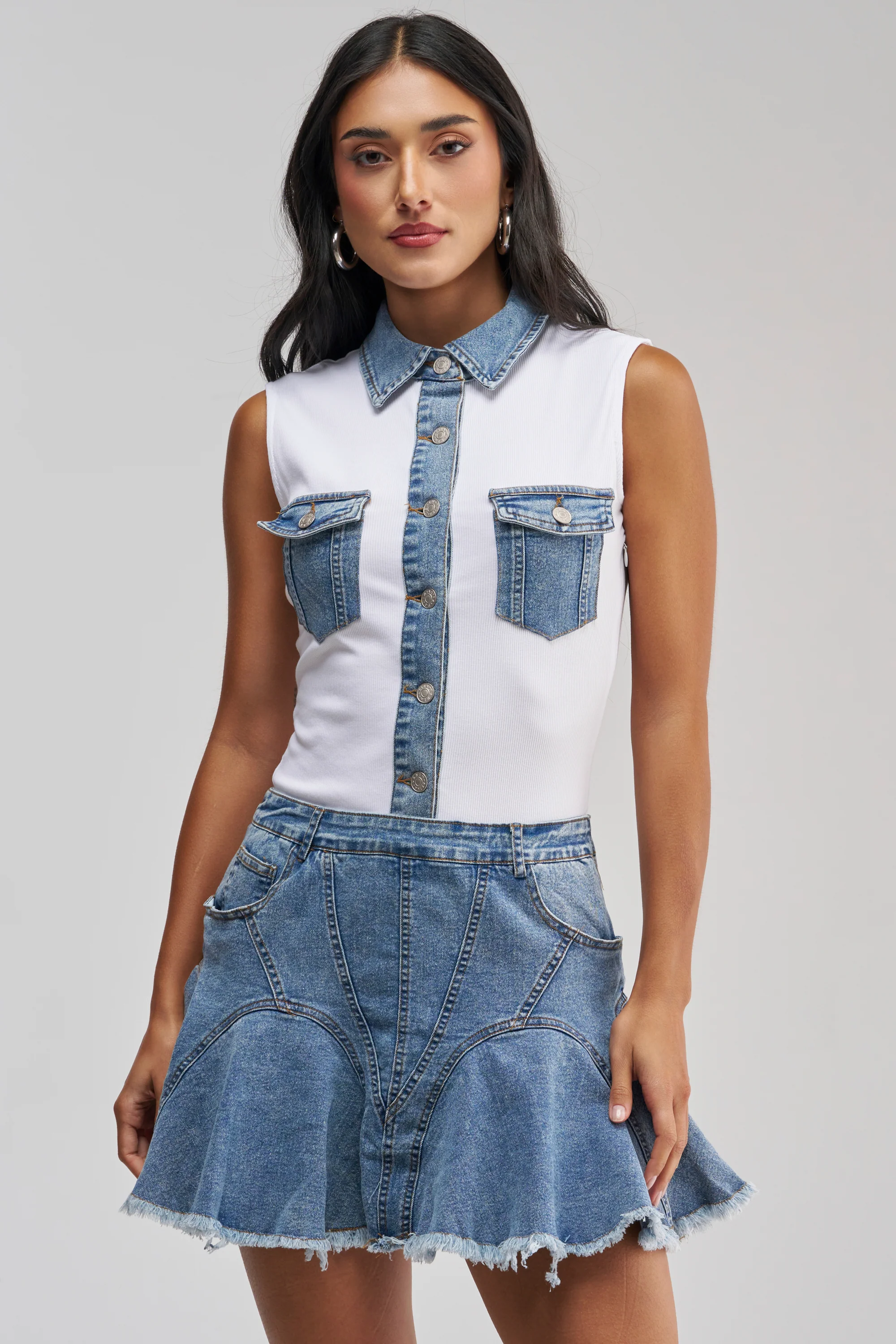 JULIETTE KNIT DENIM SLEEVELESS MINI DRESS - Akira Store