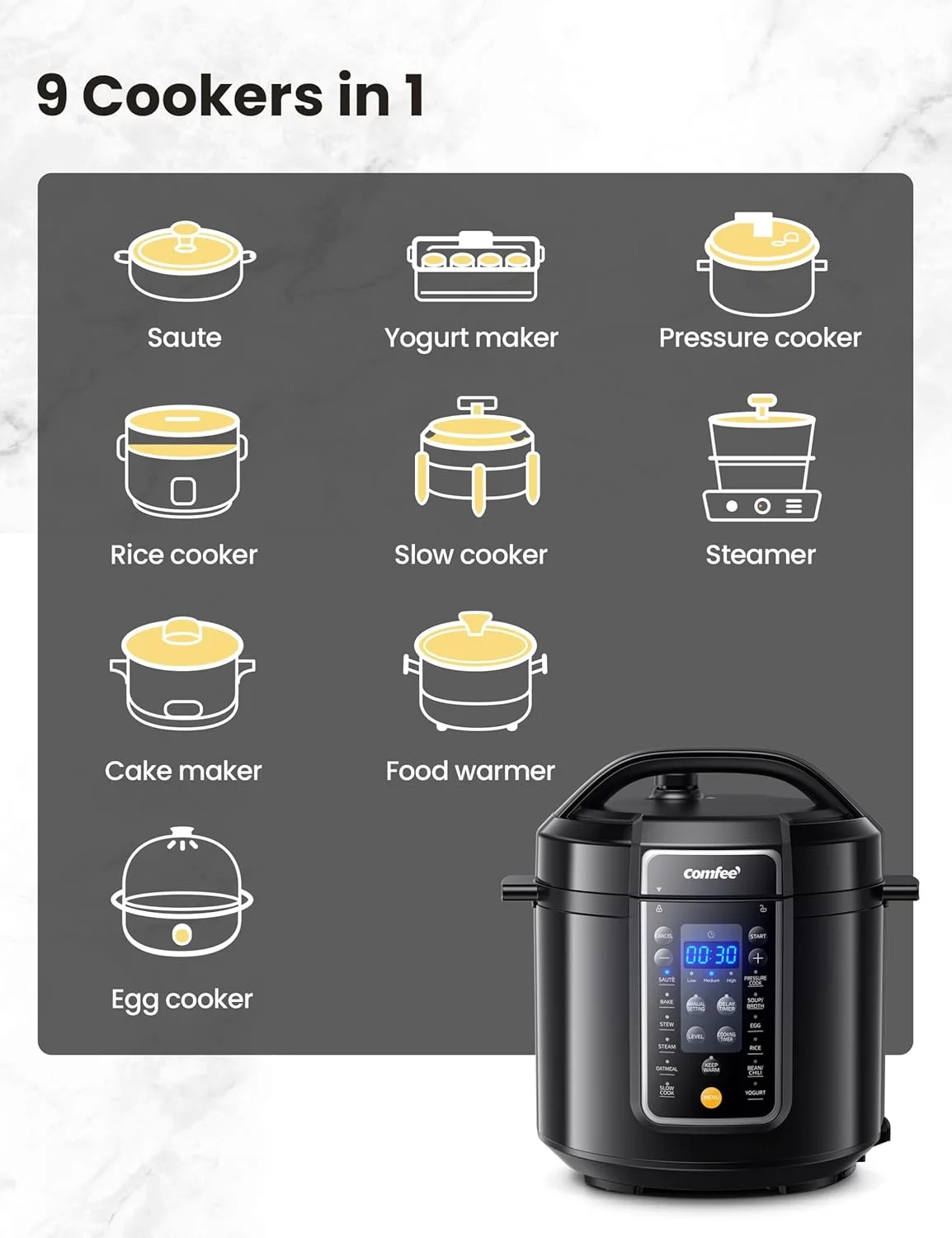 COMFEE 6QT Electric Pressure Cooker, 9 - in - 1 Instant Multi Cooker Olla de Presion Rice Cooker Slow Cooker Steamer Saut Yogurt Maker Non - Stick Pot