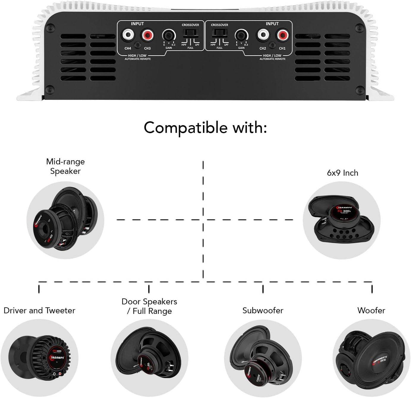 Taramp's DS 2000x4 2 Ohms 2000 Watts RMS 4-Channel 500x4 Watts RMS  Class D Full Range  Crossover High / Low Pass Fixed Bridgedable Car Audio Amplifier