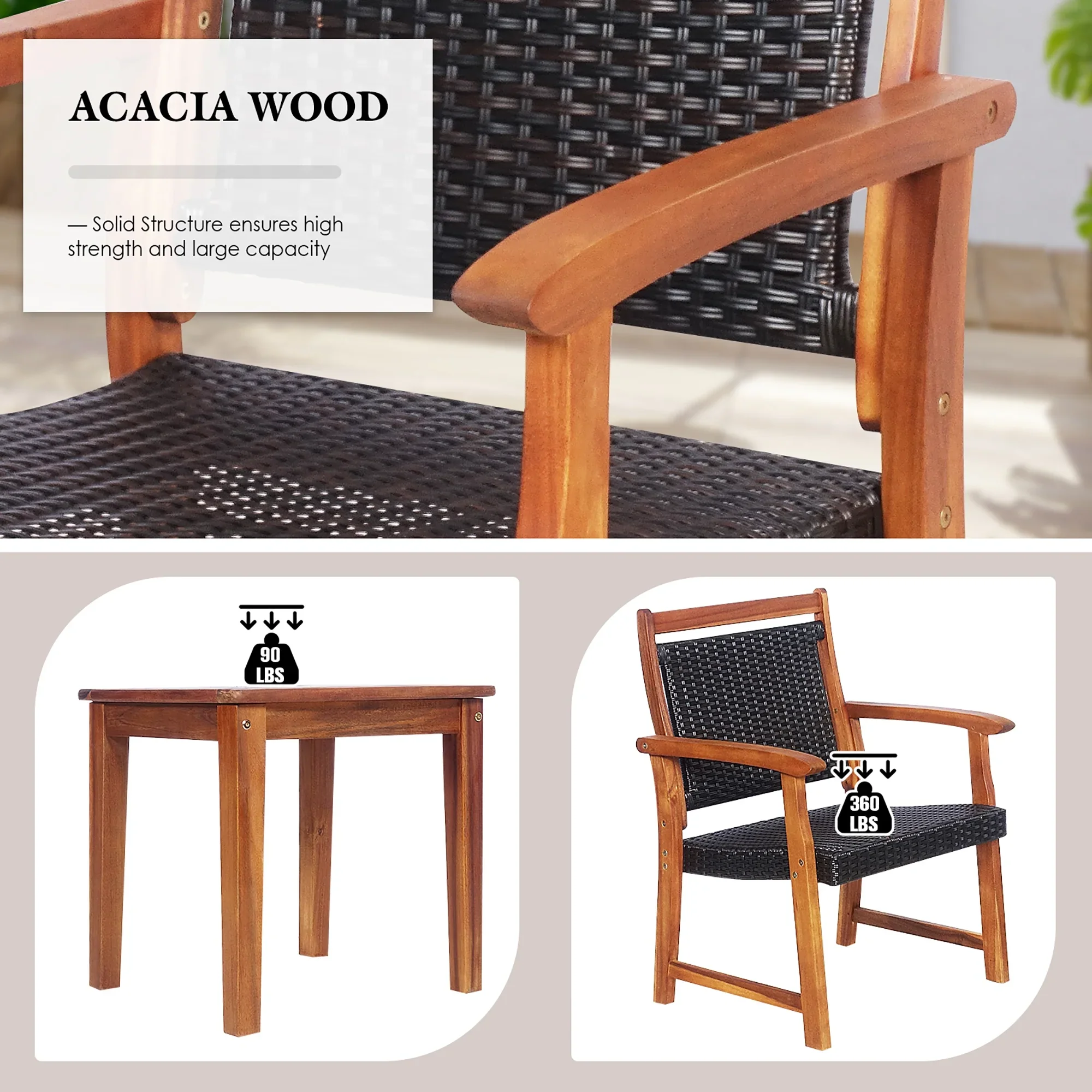 Costway 3PCS Patio Rattan Bistro Set Acacia Wood Frame Armrest Chairs Garden