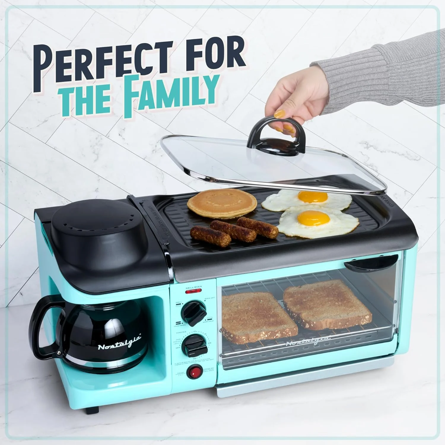3-in-1 Breakfast Station Includes Coffee Maker, Non-Stick Griddle, and 4-Slice Toaster Oven Versatile Breakfast Maker with Timer Aqua(Classic Retro) - Image 7