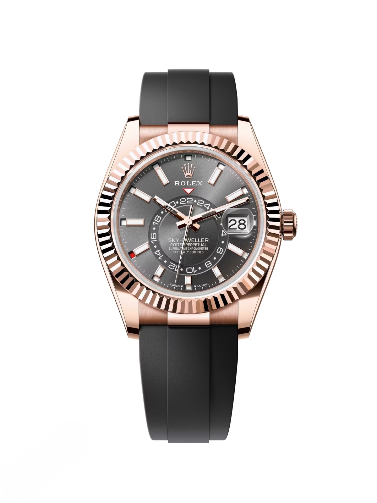 [Super Clone]RLX  Sky-Dweller 42mm Rose Gold Slate Dial Oysterflex - 336235