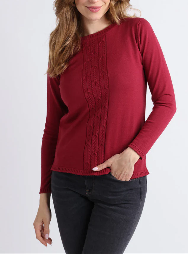 Pull femme torsadé en laine rose pourpre