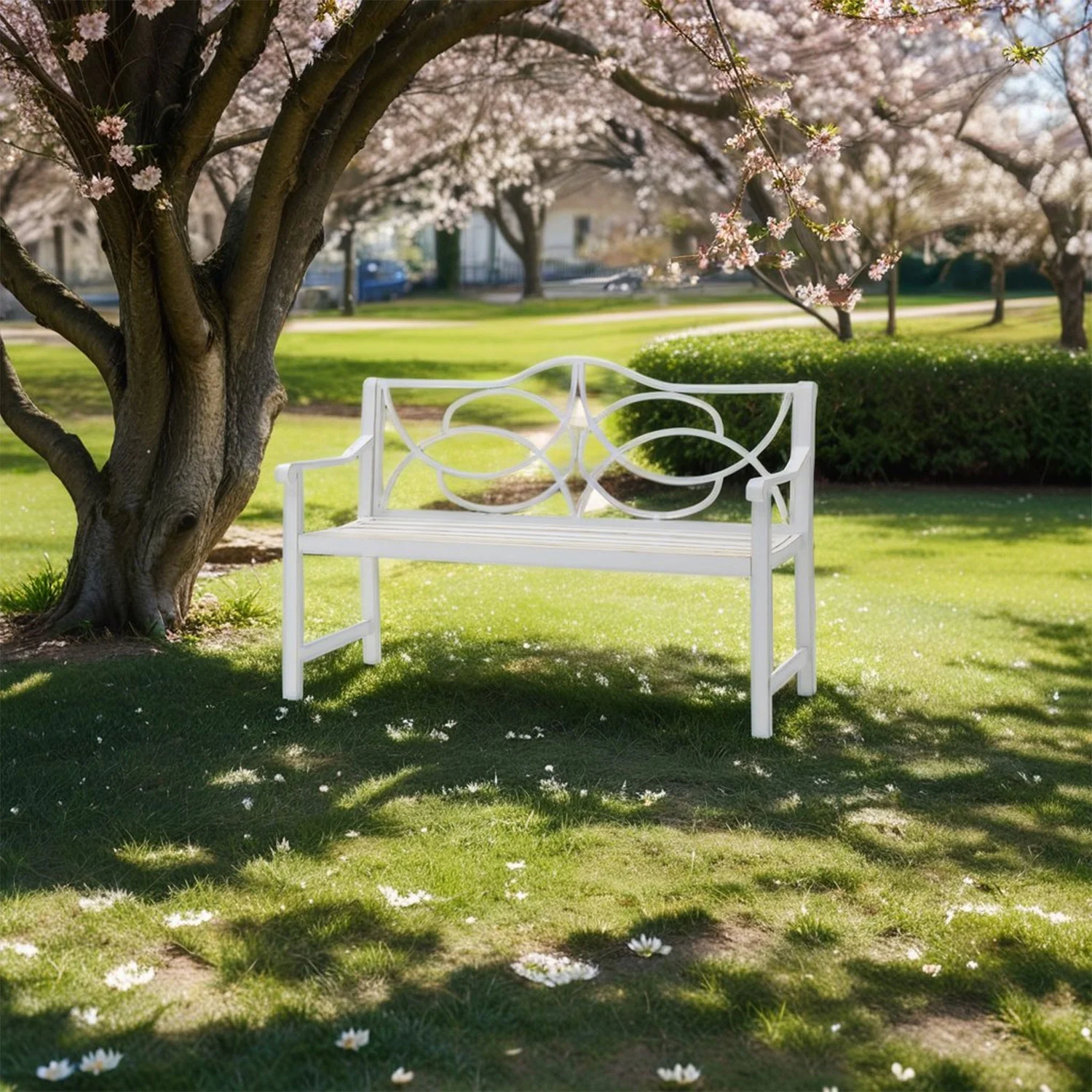 Oaktree Outdoor Patio Bench, Garden Bench with Iron Metal Steel Frame, Backrest, and Armrests, Park Bench with Slatted Seat for 2-3 People for Lawn, Yard, Balcony, Porch, White - Image 4