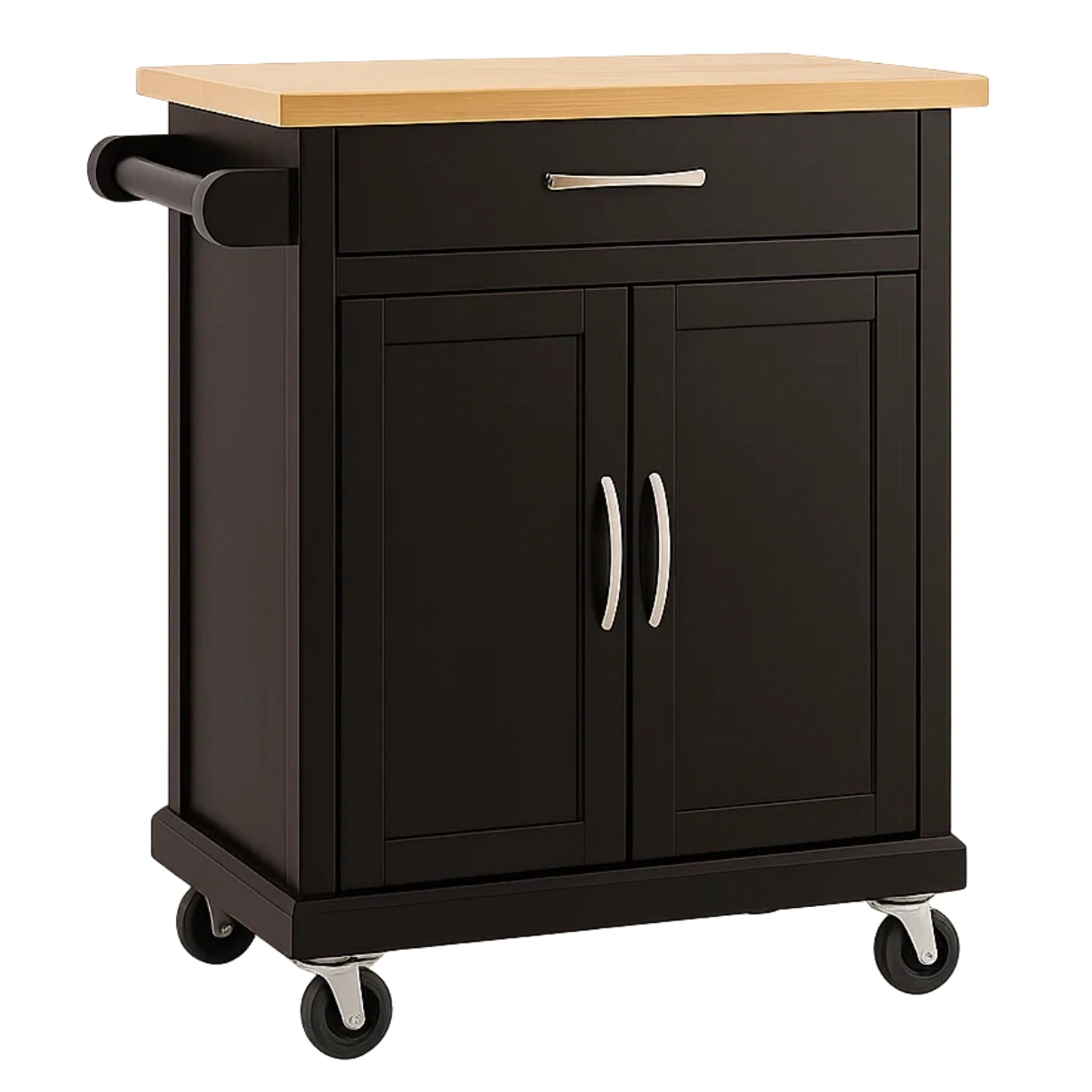 Kkken, rektangulr form, MDF-tr, sort, med bordplade i lys tr, p hjul og skab med skuffe, 91x45x89 cm, til privat brug. - blMAuTUwKxoP