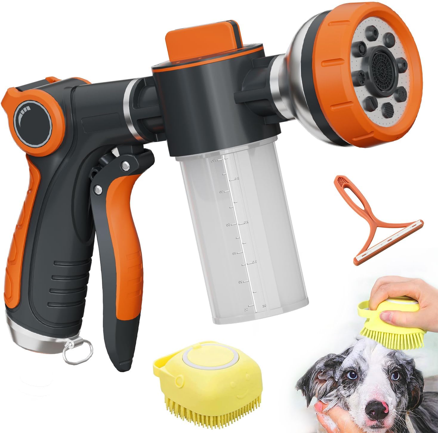 Garden Hose Nozzle, 8 Patterns High Pressure Hose Sprayer, Heavy Duty Dog Wash, Metal Water Hose Nozzle with Soap Dispenser, Car Wash Foam Gun with Car Wash Mitt