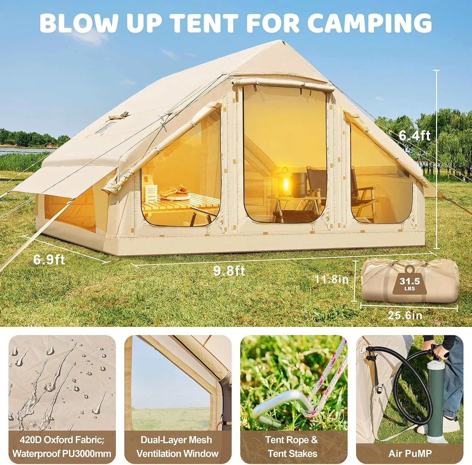 NAIZEA Inflatable Tent Air Glamping Tents 6person Cabin Tent&Mesh&Chimney Window