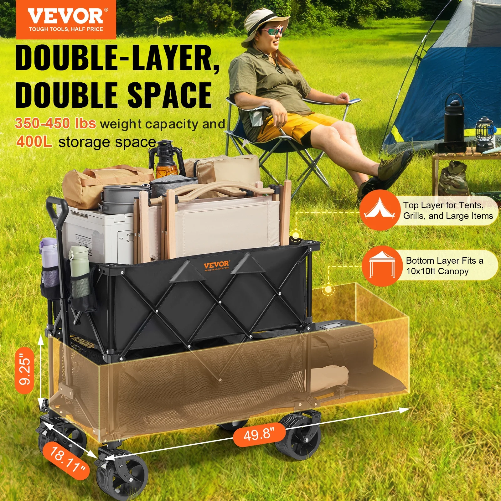 Foldable Double Decker Wagon, 400L Collapsible Wagon Cart with All-Terrain Wheels,Heavy Duty Folding Wagon Cart 350-450 lbs Weight Capacity for Camping,Shopping,Garden,52" Extra Long Extender - Image 7