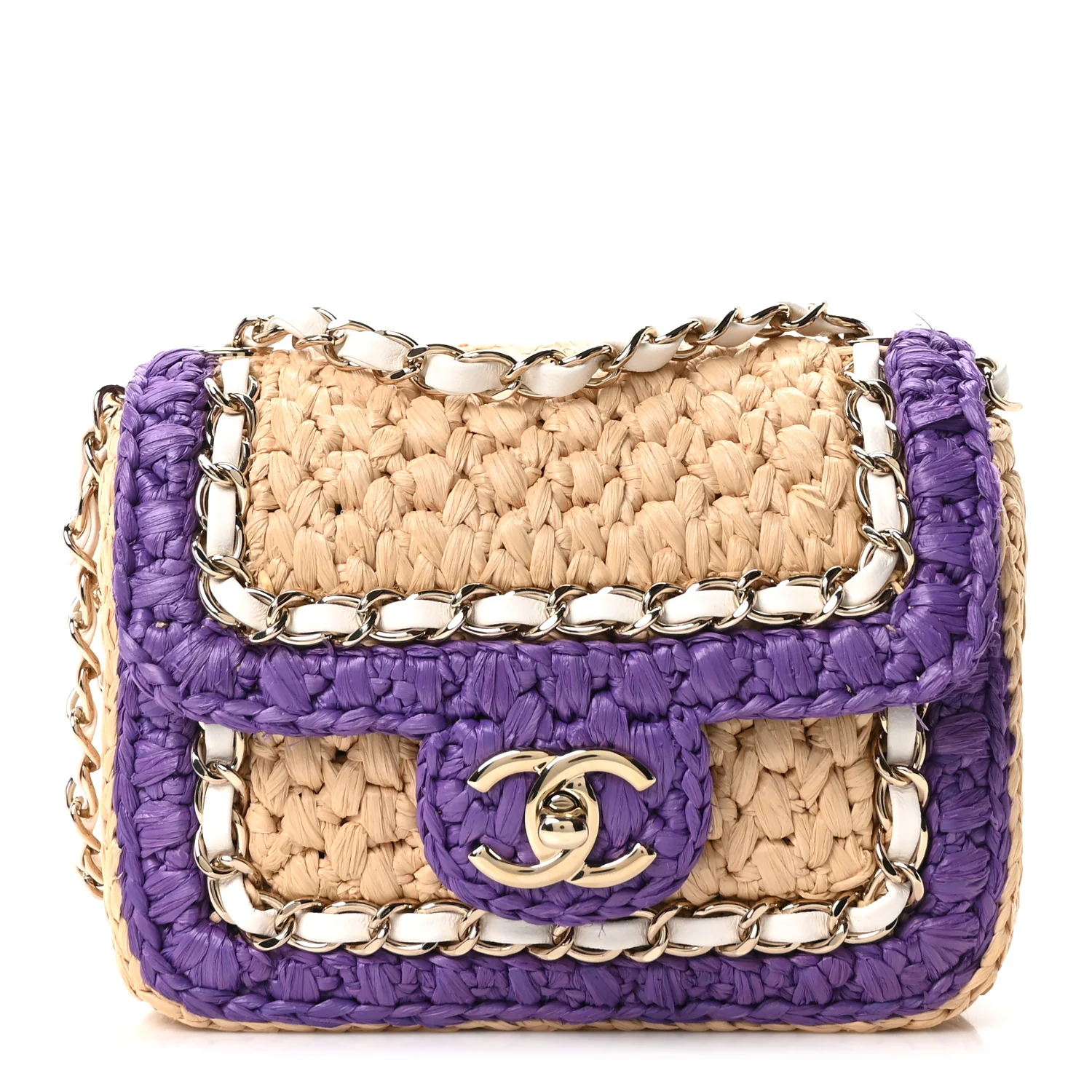 Raffia Chain Venice Beach Mini Flap Bag Beige Purple