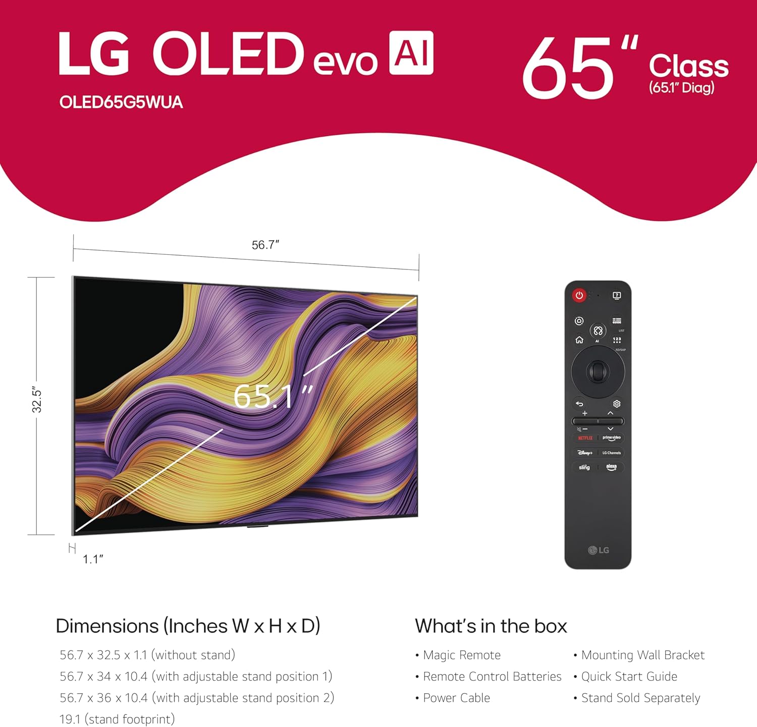 LG 65-Inch Class OLED evo AI 4K G5 Series Smart TV w/Dolby Atmos  Dolby Vision  HDR10  AI Super Upscaling 4K  Filmmaker Mode  Wow Orchestra  Alexa Built-in (OLED65G5WUA  2025) (Renewed)
