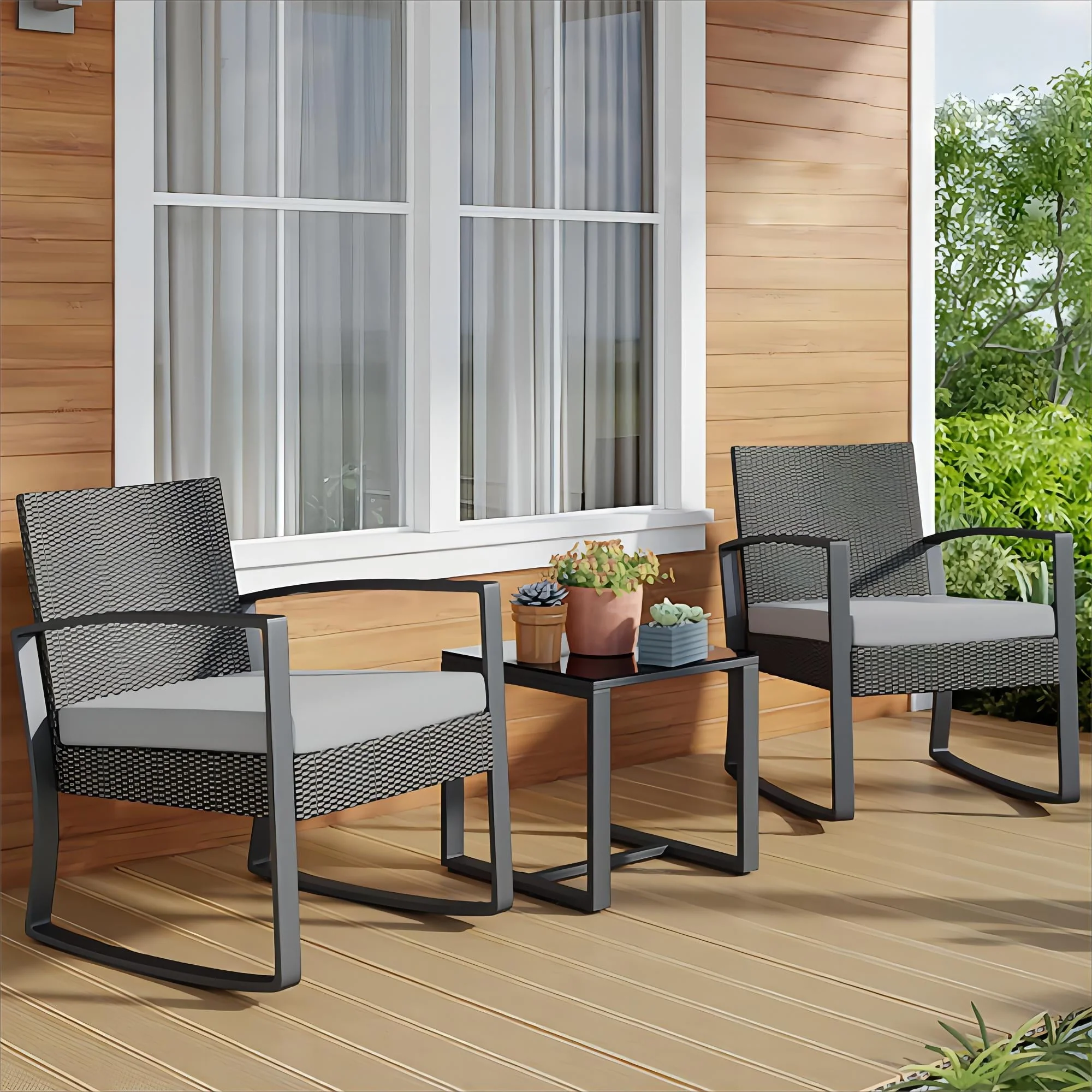 Patio Chairs Set, Outdoor Porch Balcony Furniture Set with Glass Coffee Table, Patio Rocking Wicker Chairs Set with Gray Cushion(Upgraded)(Gray) Image 6
