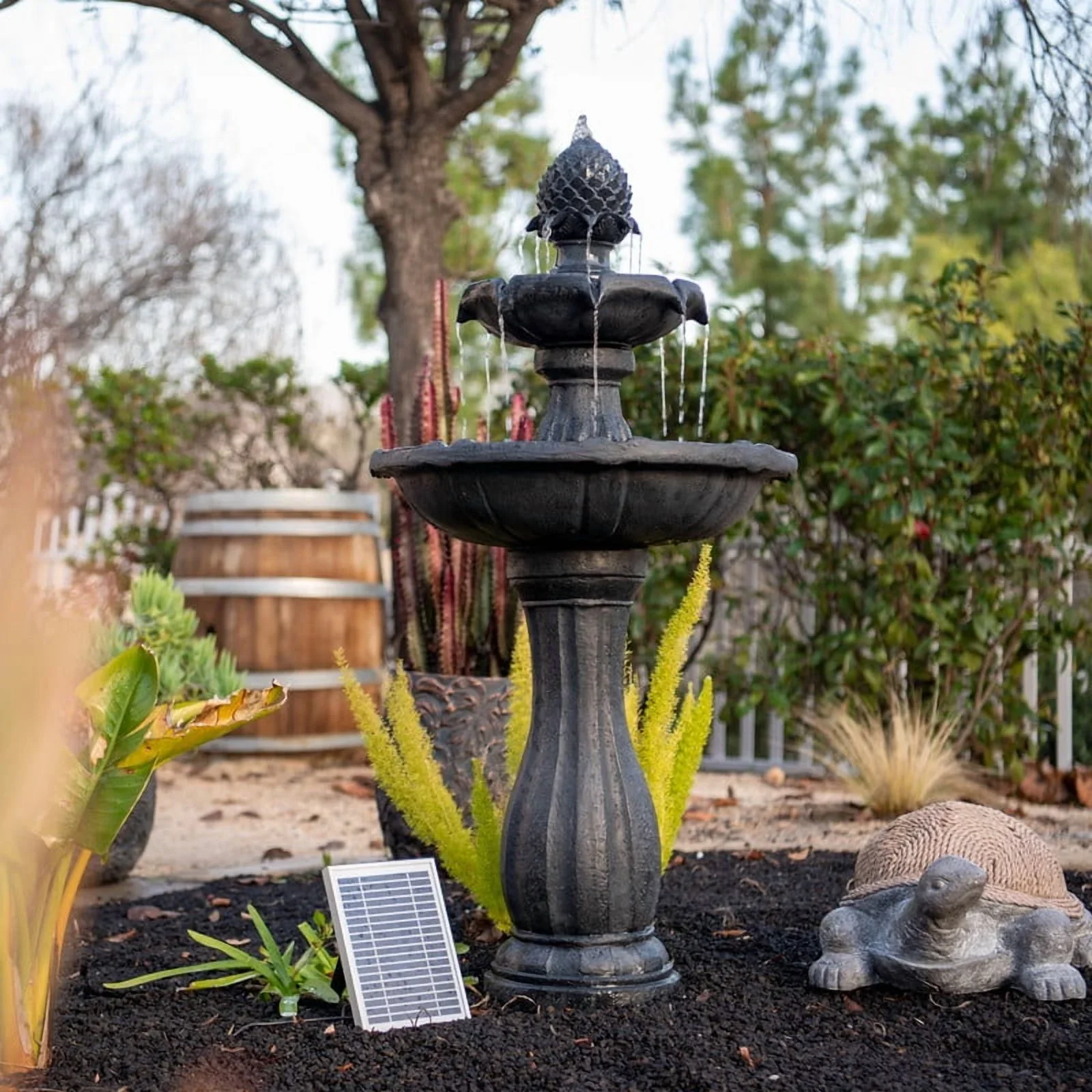 XBrand 44 H Black Fiberglass/Resin 2-Tier Solar Water Fountain w/ Solar Panel and Auto-Shut Off Pump, Solar Garden Fountain, Tall Outdoor Fountain, Two Tiered Birdbath Fountain