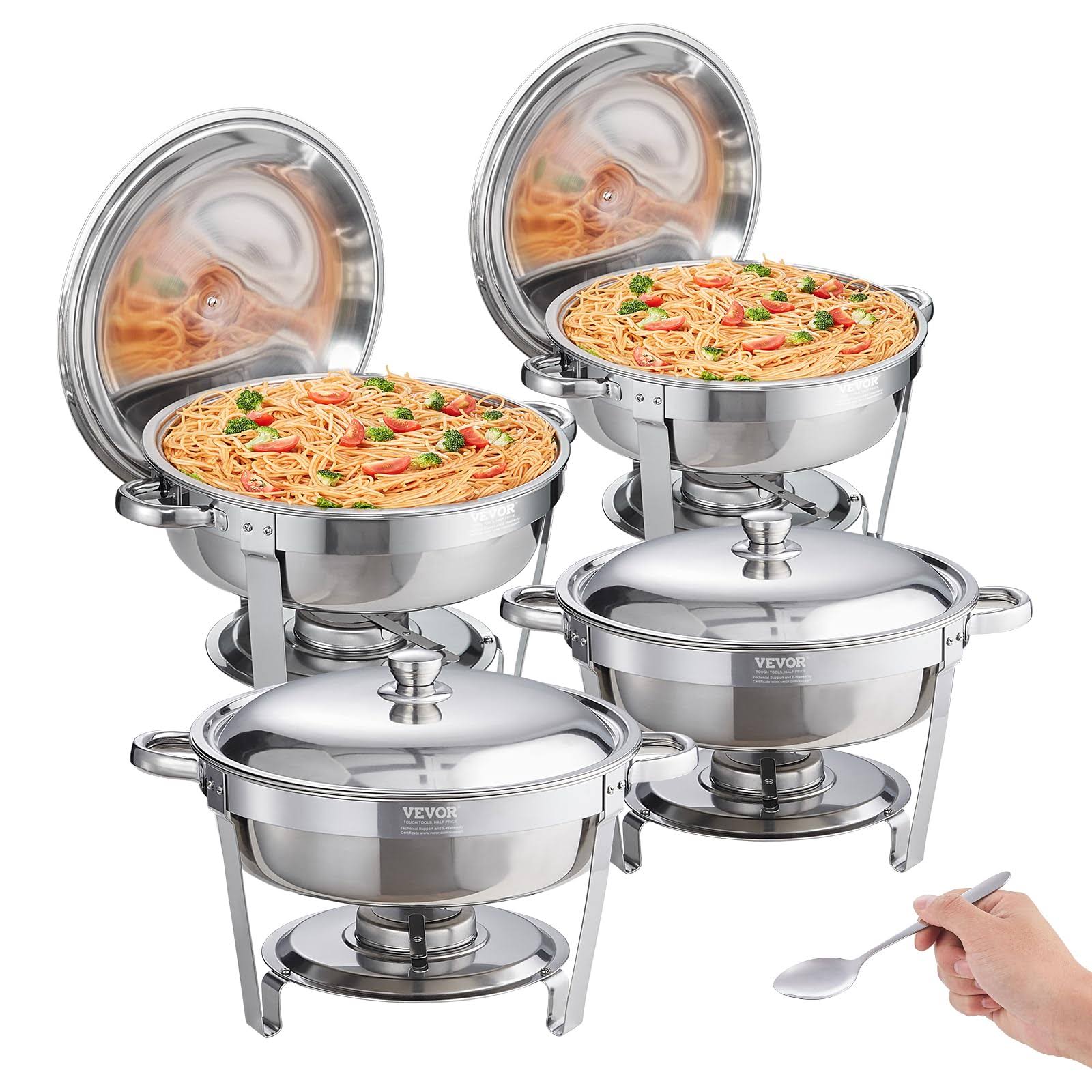 VEVOR Chafing Dish Buffet Set 6 Qt. Stainless Steel Chafer with Full Size Pan Round Catering Warmer Server (4-Pack)