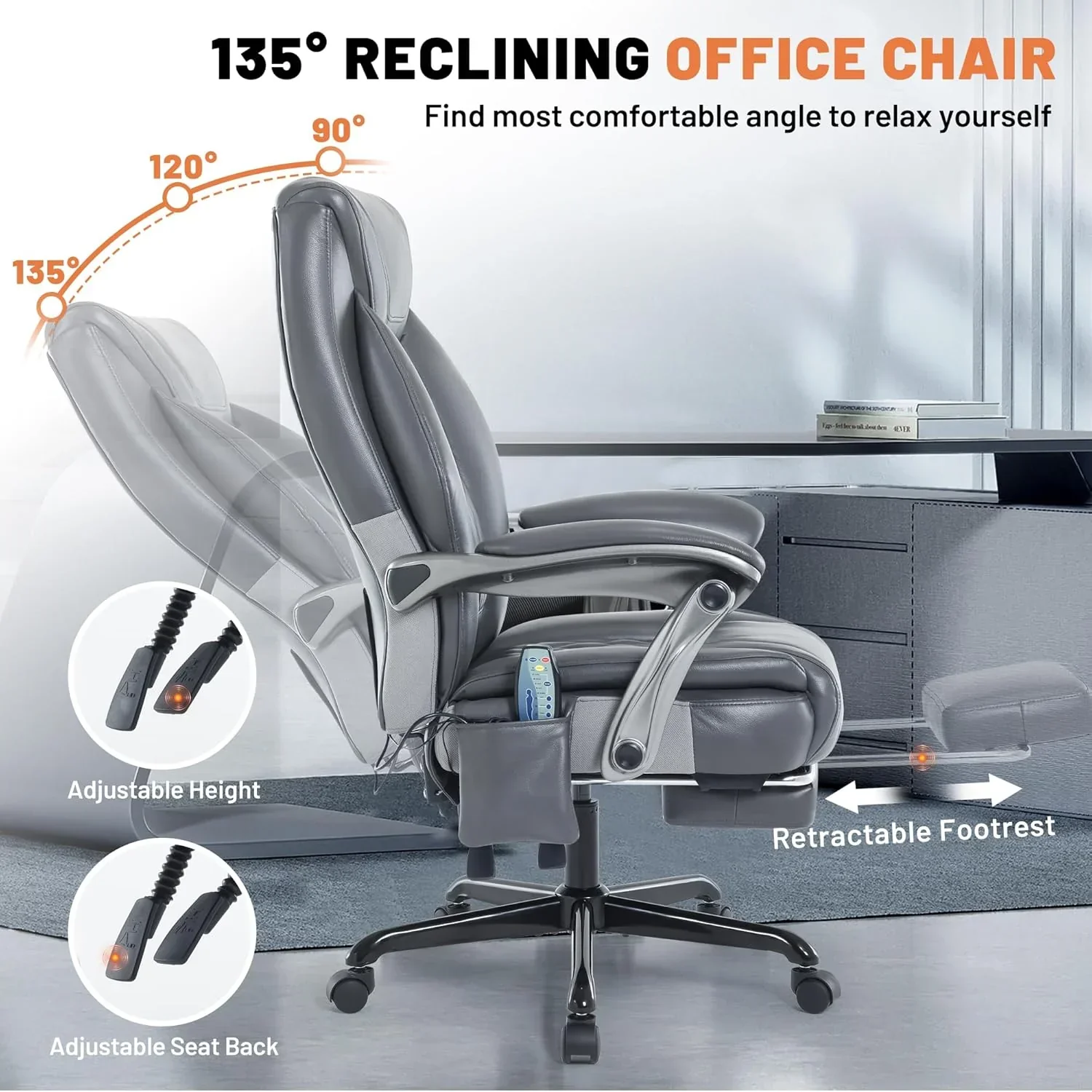 Fauteuil de bureau massant avec chauffage et repose-pieds, fauteuil de bureau ergonomique inclinable de direction