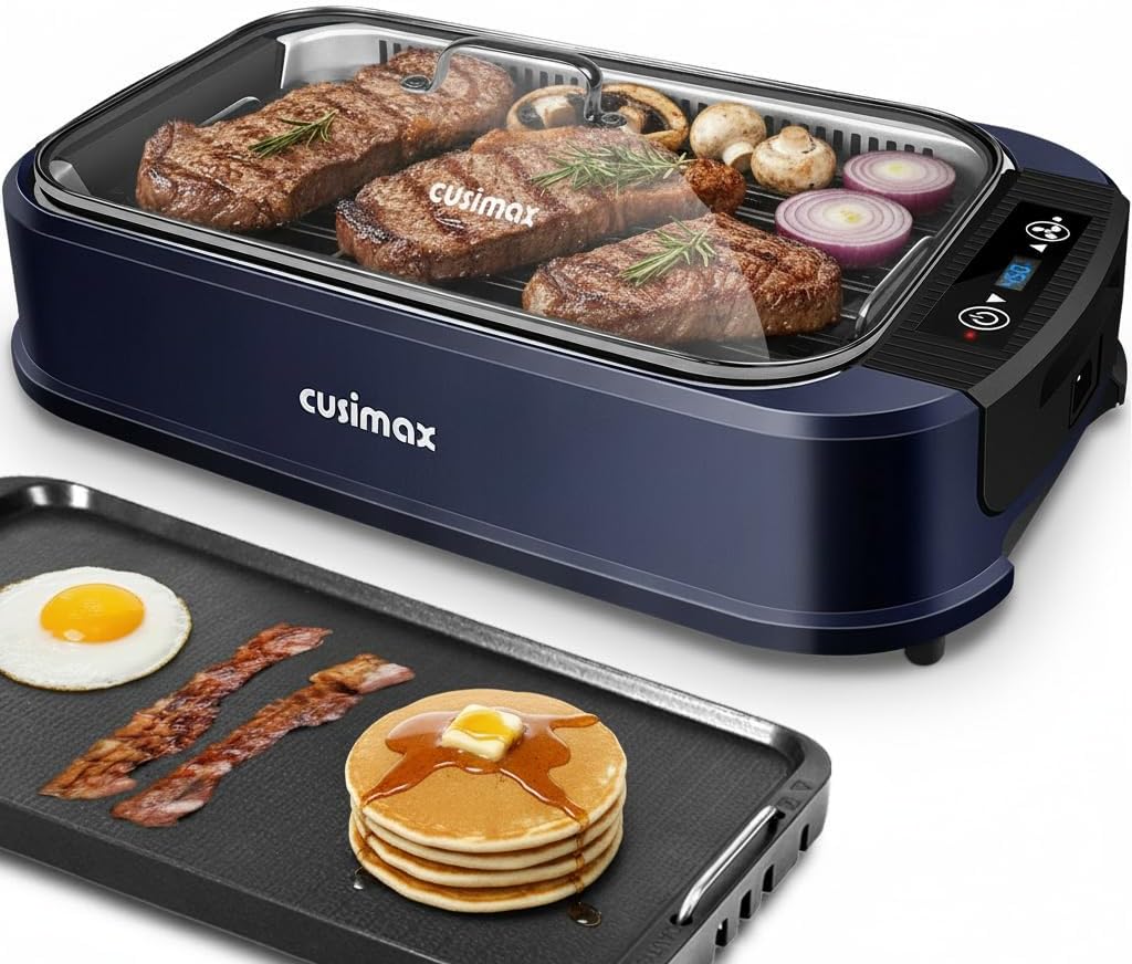 Grill d'intérieur CUSIMAX, barbecue électrique portable sans fumée de style coréen avec technologie d'extraction de fumée turbo, plaque amovible antiadhésive, couvercle en verre trempé, idéal pour les fêtes (plaque simple)