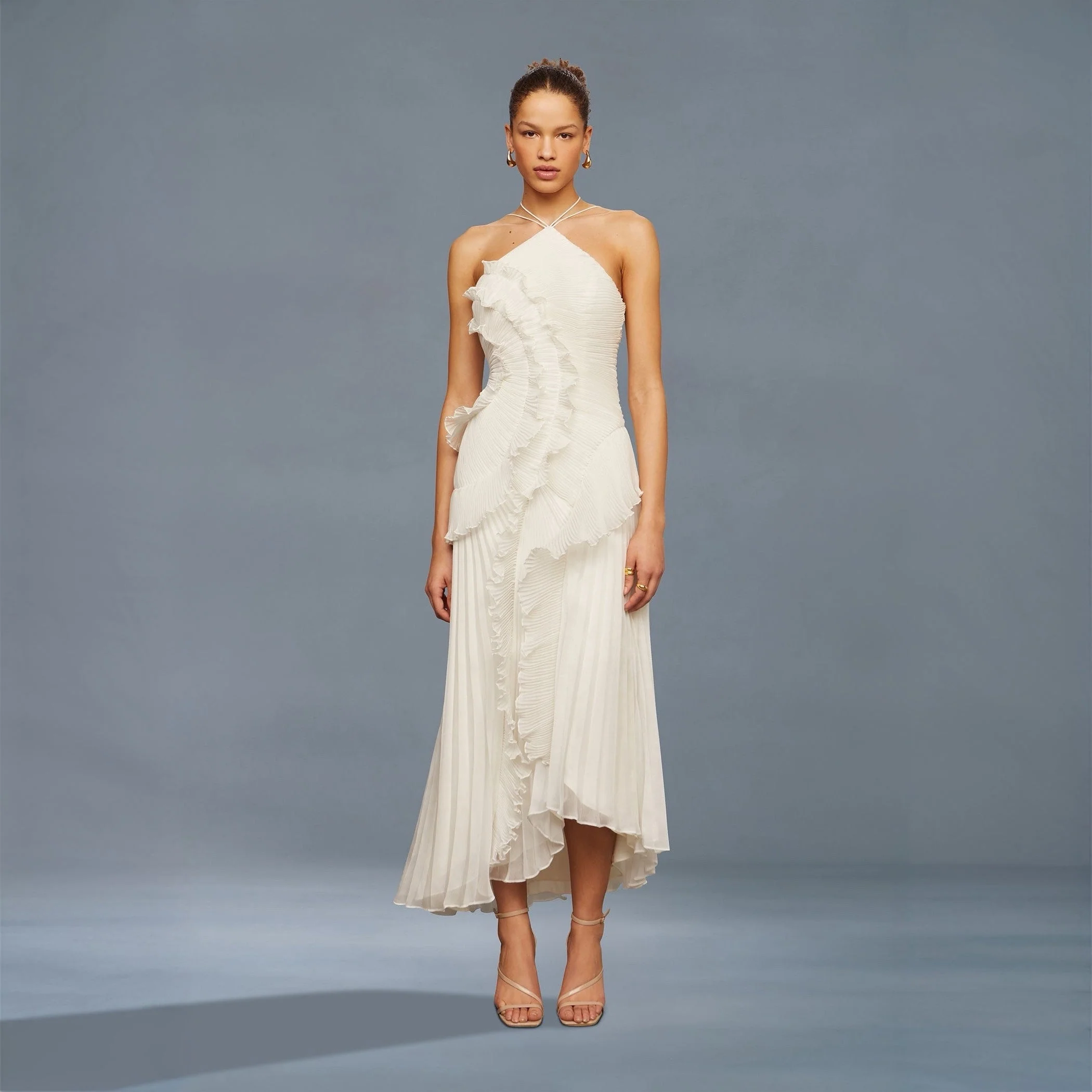 Robe mi-longue plissée blanche en forme de rose thé pour femmes