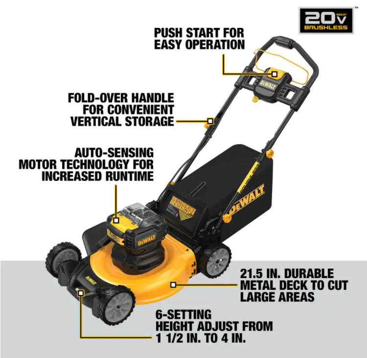 Tondeuse à gazon manuelle sans fil DEWALT 21,5 po, 20 volts MAX, batterie lithium-ion