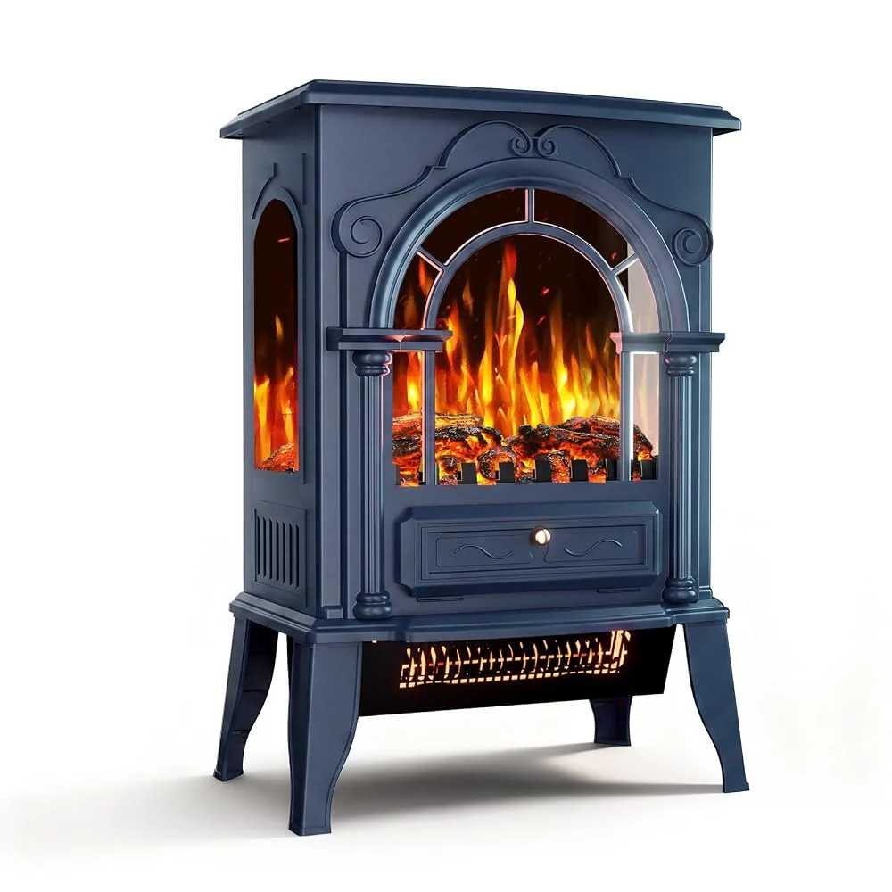 Freestanding Electric Fireplace Stove with 3D Flame Effect, Blue