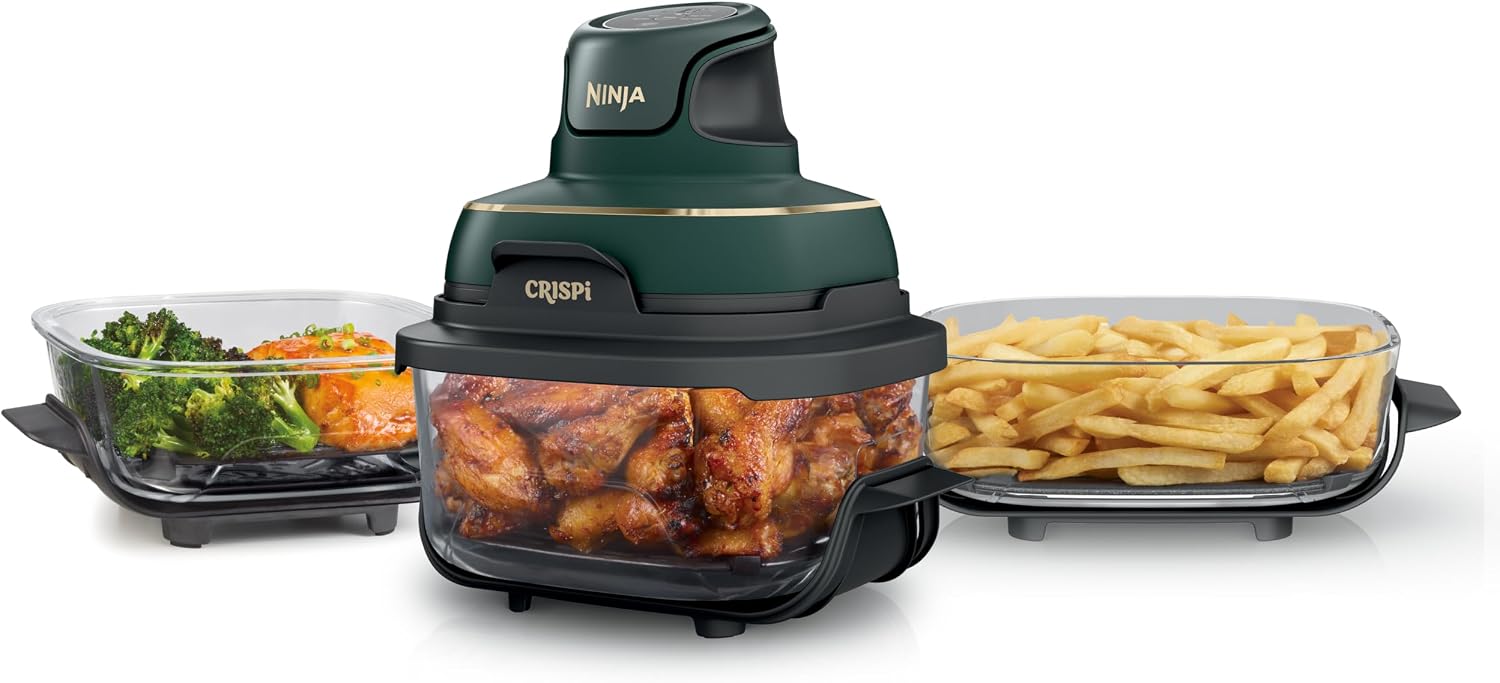 Ninja Crispi Glass Air Fryer, 4-in-1, Stone, FN101ST| Max crisp, bake, air fry, recrisp, 450F max, 4 Qt and 6 Cup containers, PFAS-free glass