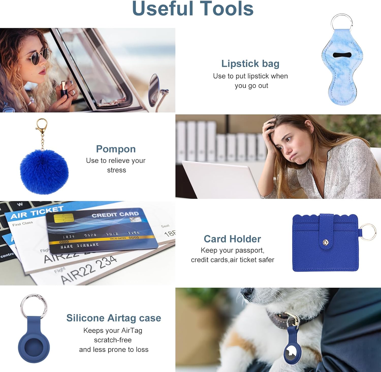 Safety Keychain Set for Women with Personal Alarm, Pom Pom, Card Wallet, Bottle Opener, Bracelet Wristlet Keyring