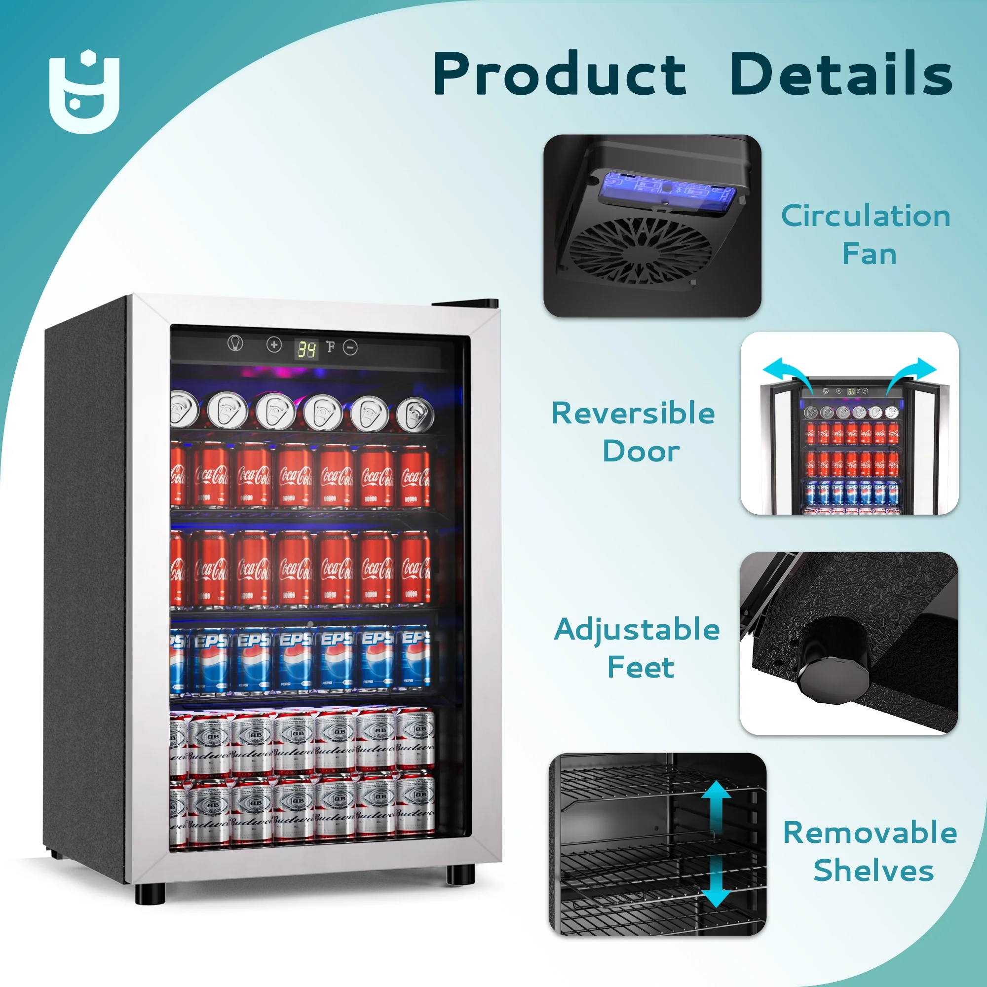 145 Can Beverage Refrigerator and Mine Cooler with Glass Door with Adjustable Shelves(Silver) - Image 4