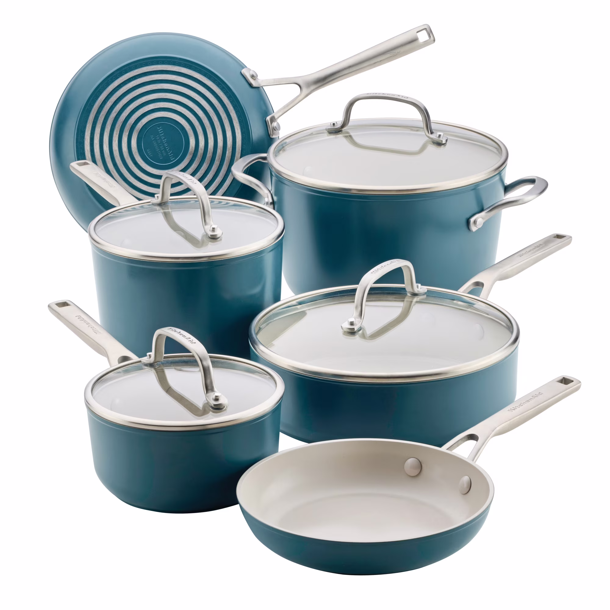 Kitchenaid Hard - Anodized 10 Pcs Ceramic Induction Cookware Set, Dishwasher Safe and Oven Safe to 500F, Agave Blue