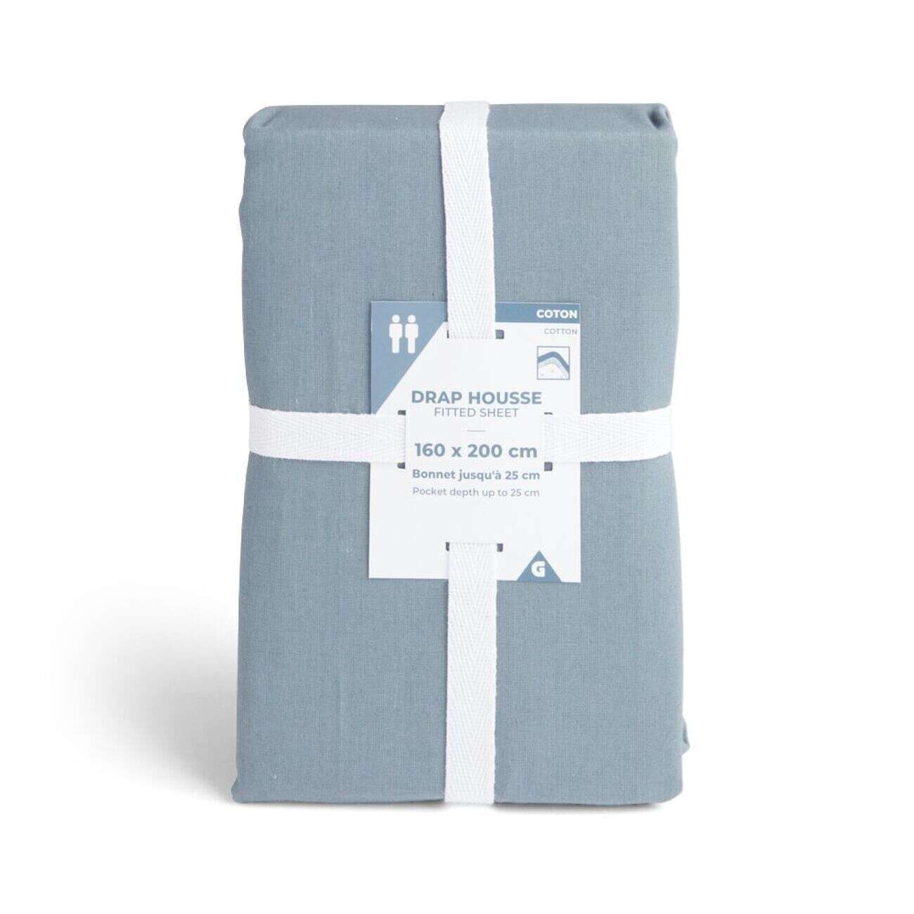 Drap housse 160x200cm 100% coton bleu chiné