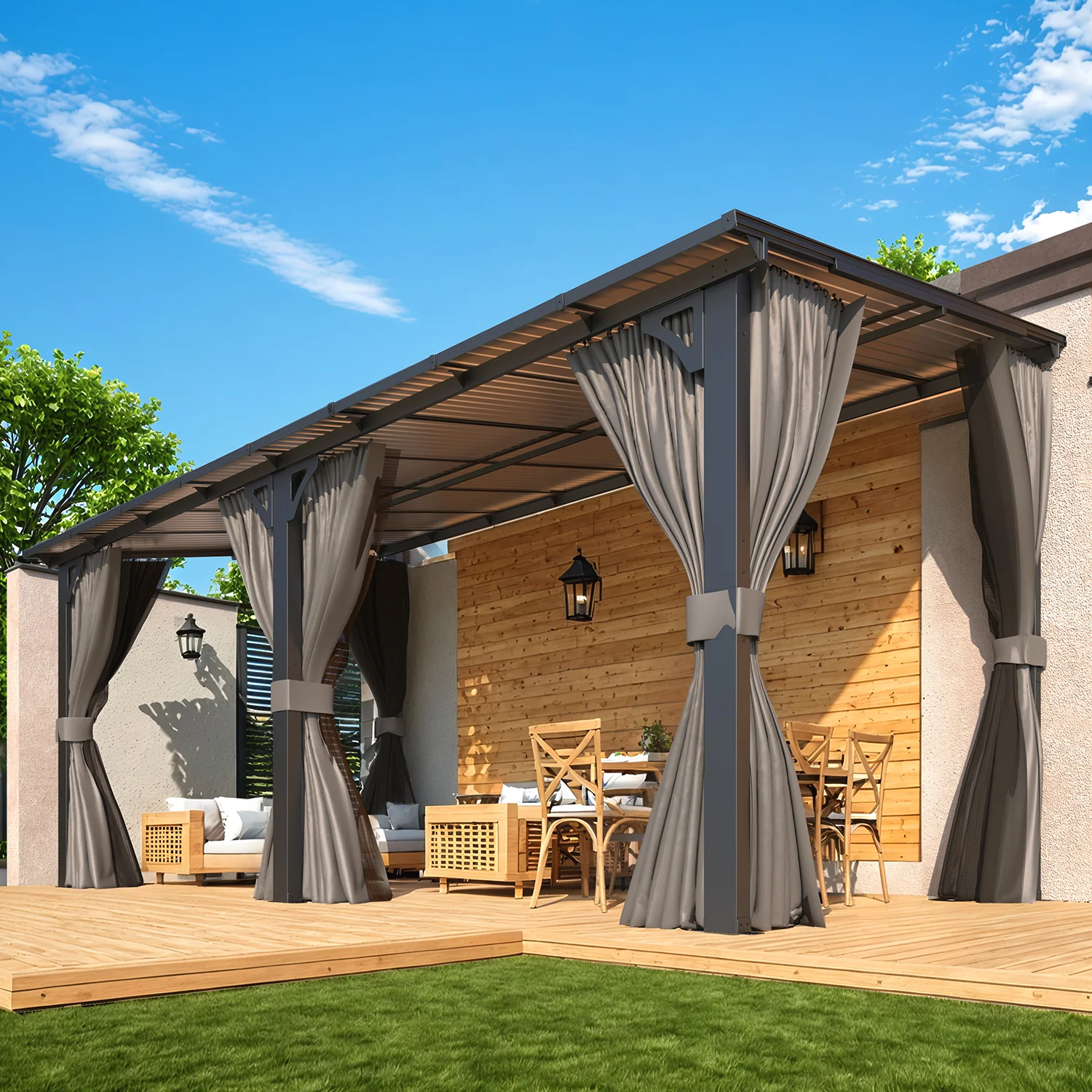 AECOJOY 16'x8' Wall Gazebo with Curtains and Mosquito Netting, Gray